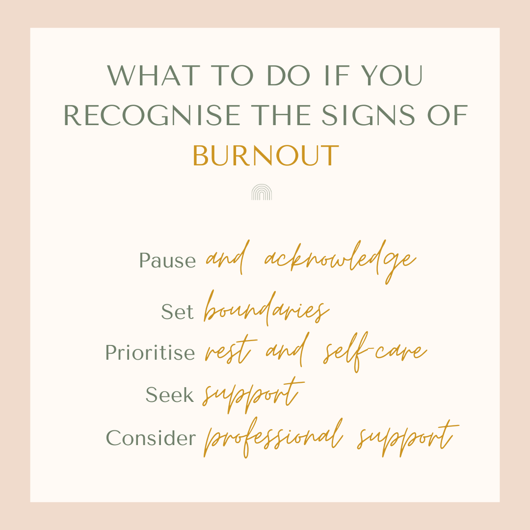 Graphic showing list of things to do if you recognise the signs of burnout