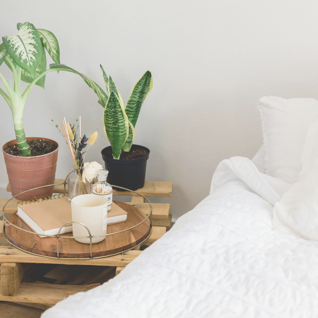 Book, candle, plants beside bed