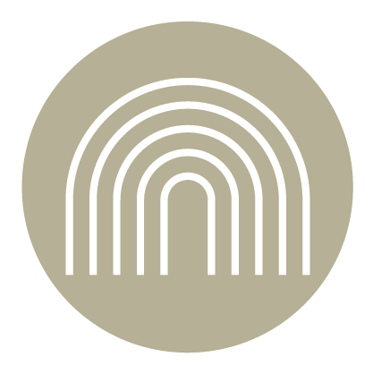 Minimalist rainbow design with white lines on a gray circle background.