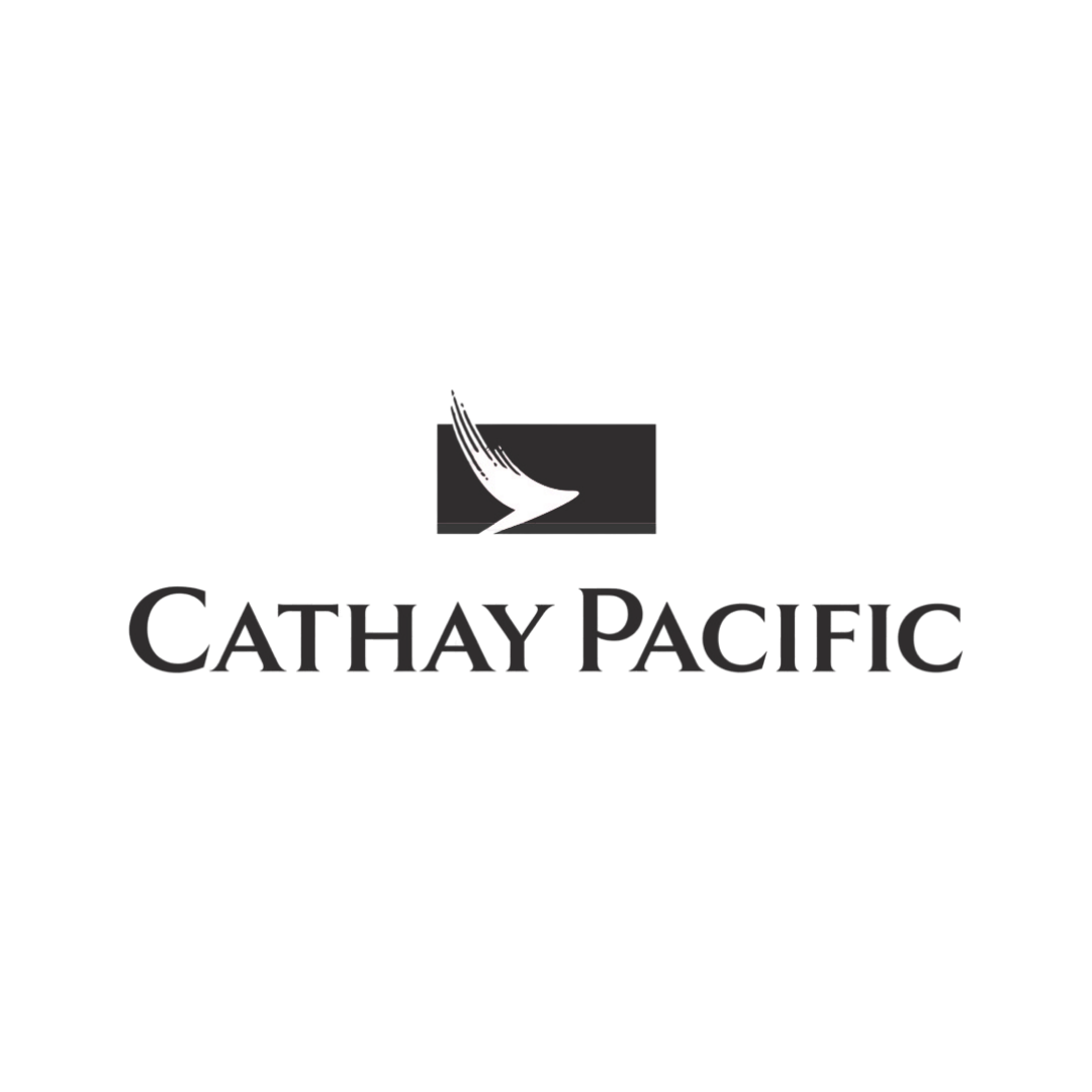 Cathay Pacific logo featuring a stylized white brushstroke bird on a black background with the company name in gray