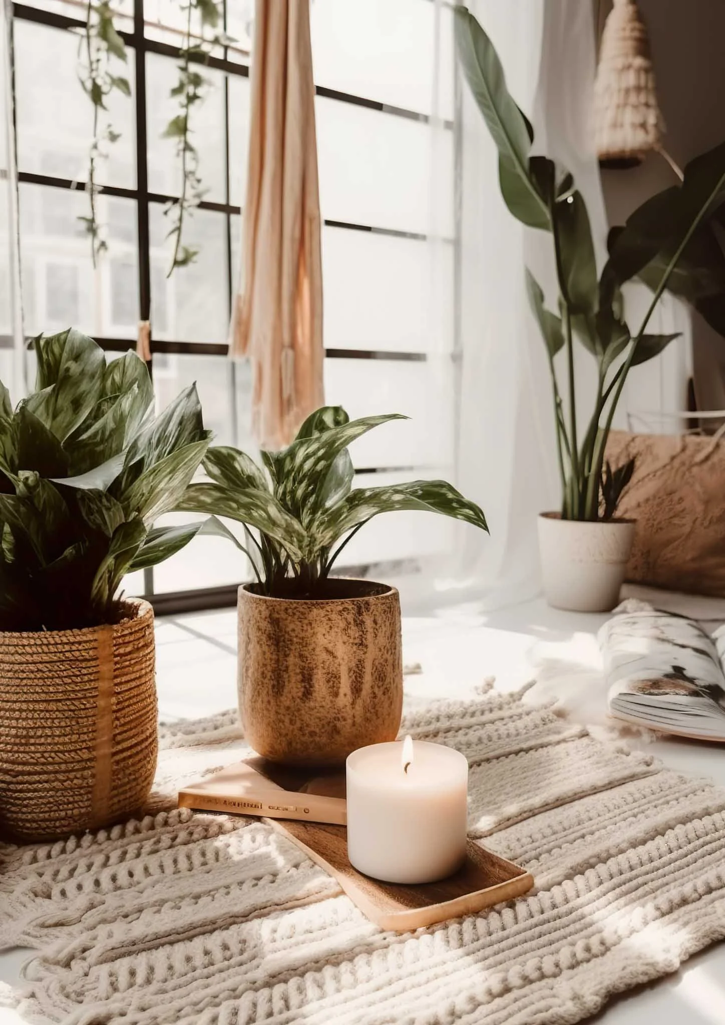 Close-up of a cozy indoor scene with potted plants, a lit candle, and a book on a textured white rug near a window with beige curtains.