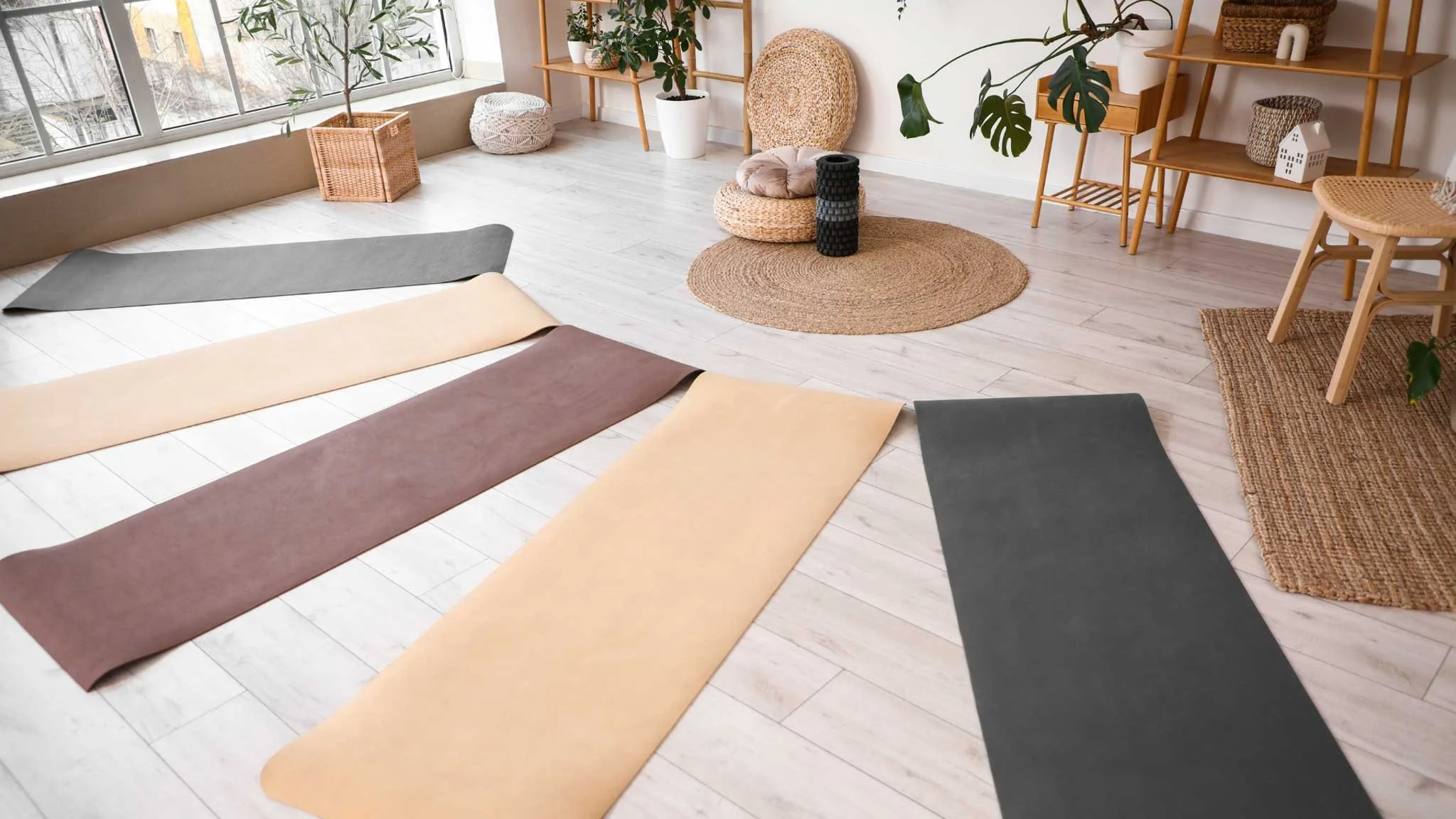 Inside a bright, modern room with large windows, yoga mats in neutral colors are laid out on light wood flooring, surrounded by indoor plants, woven baskets, and minimalist furniture.
