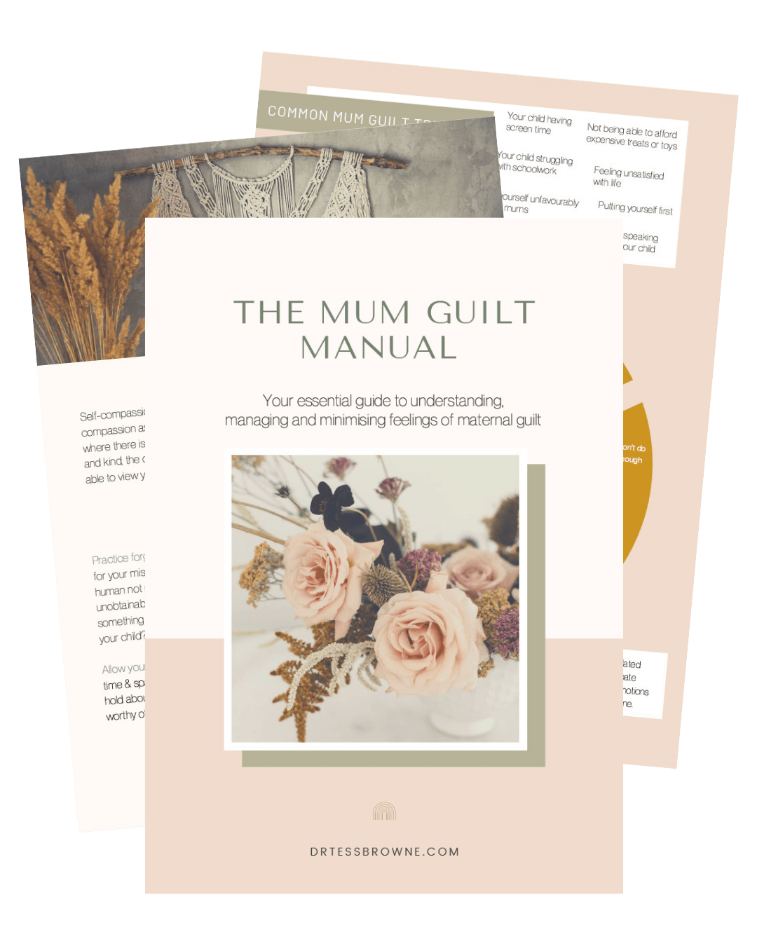 Multiple pages of a pamphlet titled 'The Mum Guilt Manual,' featuring soft pastel colors, a floral arrangement on the cover, and content related to managing maternal guilt.