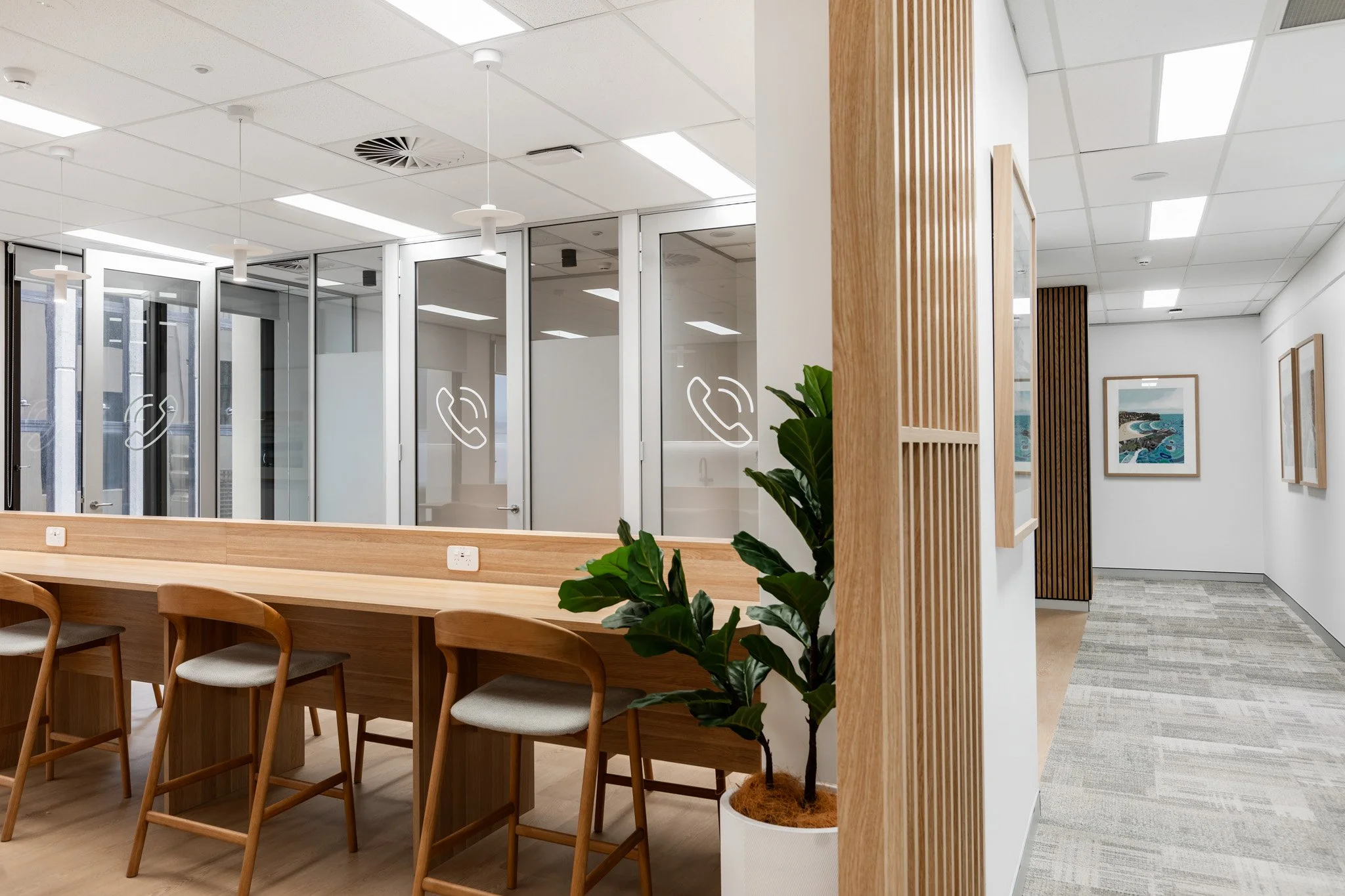 Modern office interior with wooden accents, potted plant, glass-walled meeting rooms, framed artwork, and a light-colored carpeted floor.