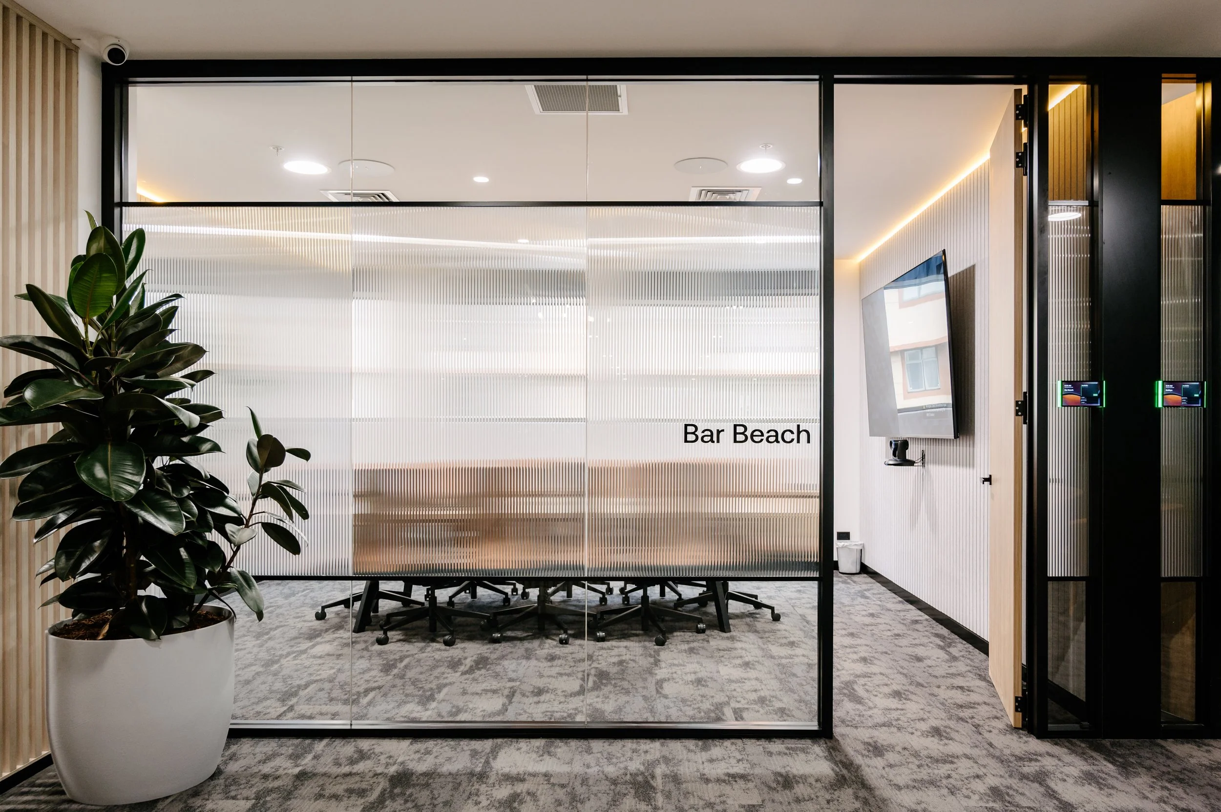Modern office conference room with glass walls, a large potted plant, and a wall-mounted TV.