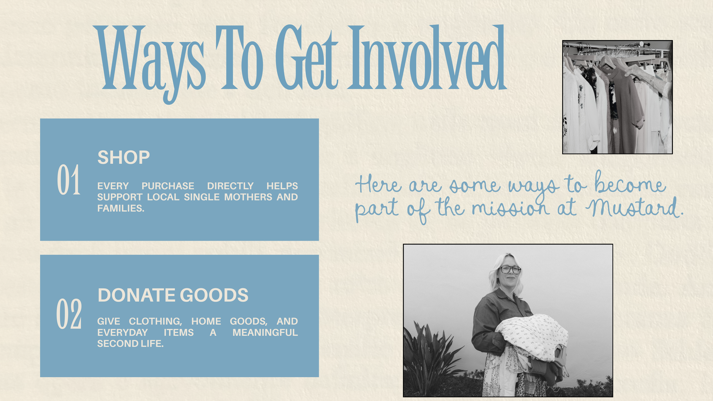 A flyer titled "Ways To Get Involved" listing ways to support a cause, including shopping to help support local single mothers and families, donating goods such as clothing and home items, with images of a clothing rack and a woman holding a blanket.