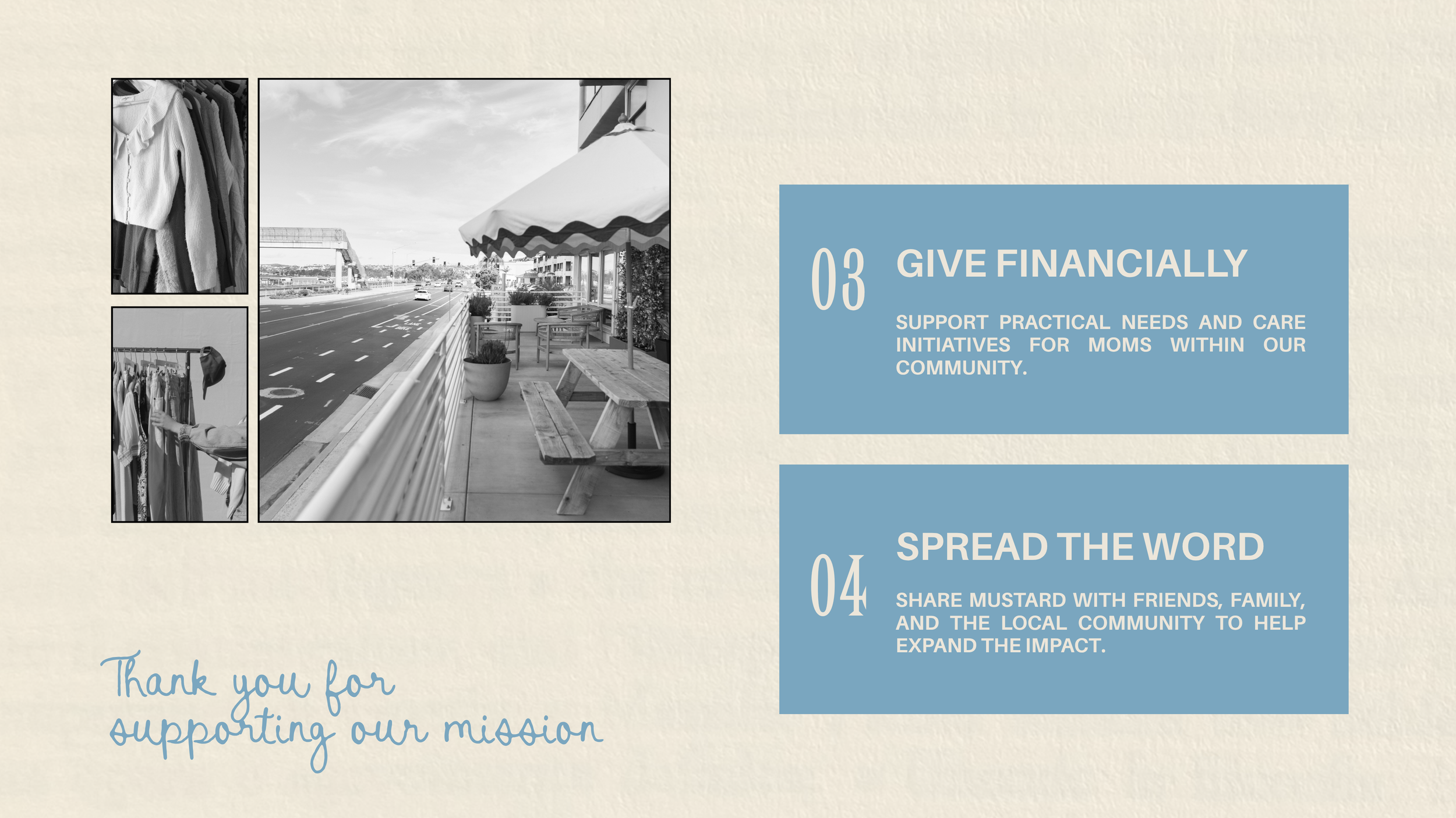 Black and white photos of clothing items on racks on a balcony with a street view, part of a presentation slide with supporting text about providing financial support and spreading awareness.