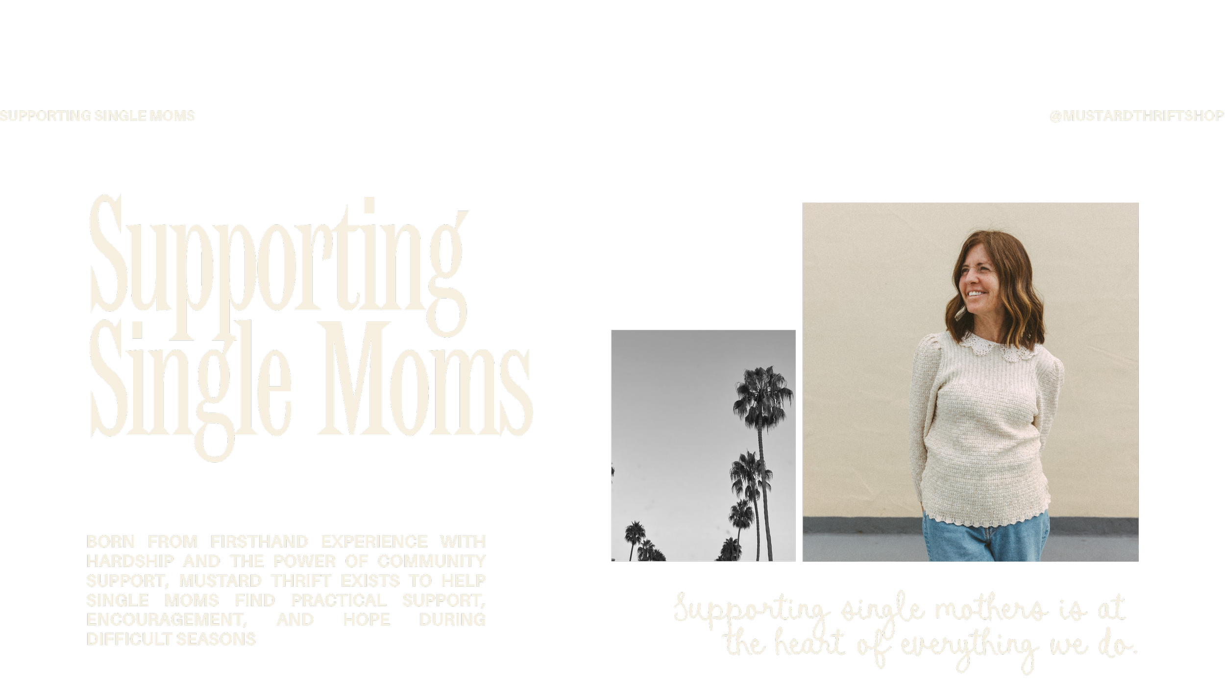 Image of a book cover titled 'Supporting Single Moms' with a photo of a smiling woman standing against a plain background, and a smaller grayscale image of palm trees. The cover includes text about supporting single mothers and an inspirational quote.