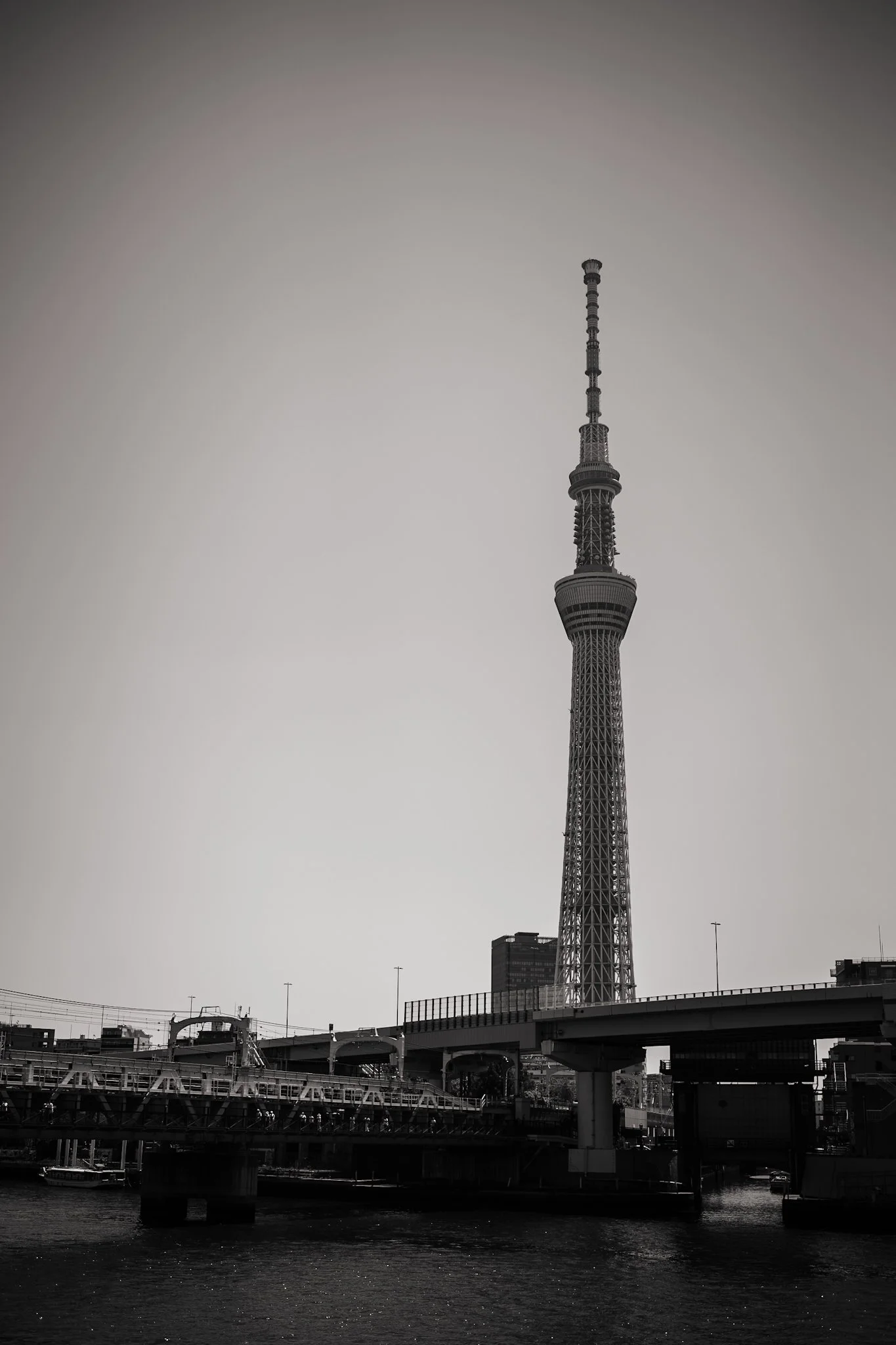 東京スカイツリーと隅田川の風景をモノクロで表現した写真
