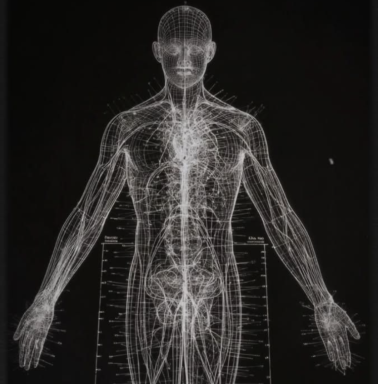 Front-facing wireframe illustration of the human body showing the nervous system and internal anatomy on a black background
