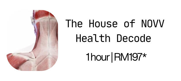 The House of NOW Health Decode graphic with a shoulder and neck muscle illustration, labeled “1hour | RM197*.”