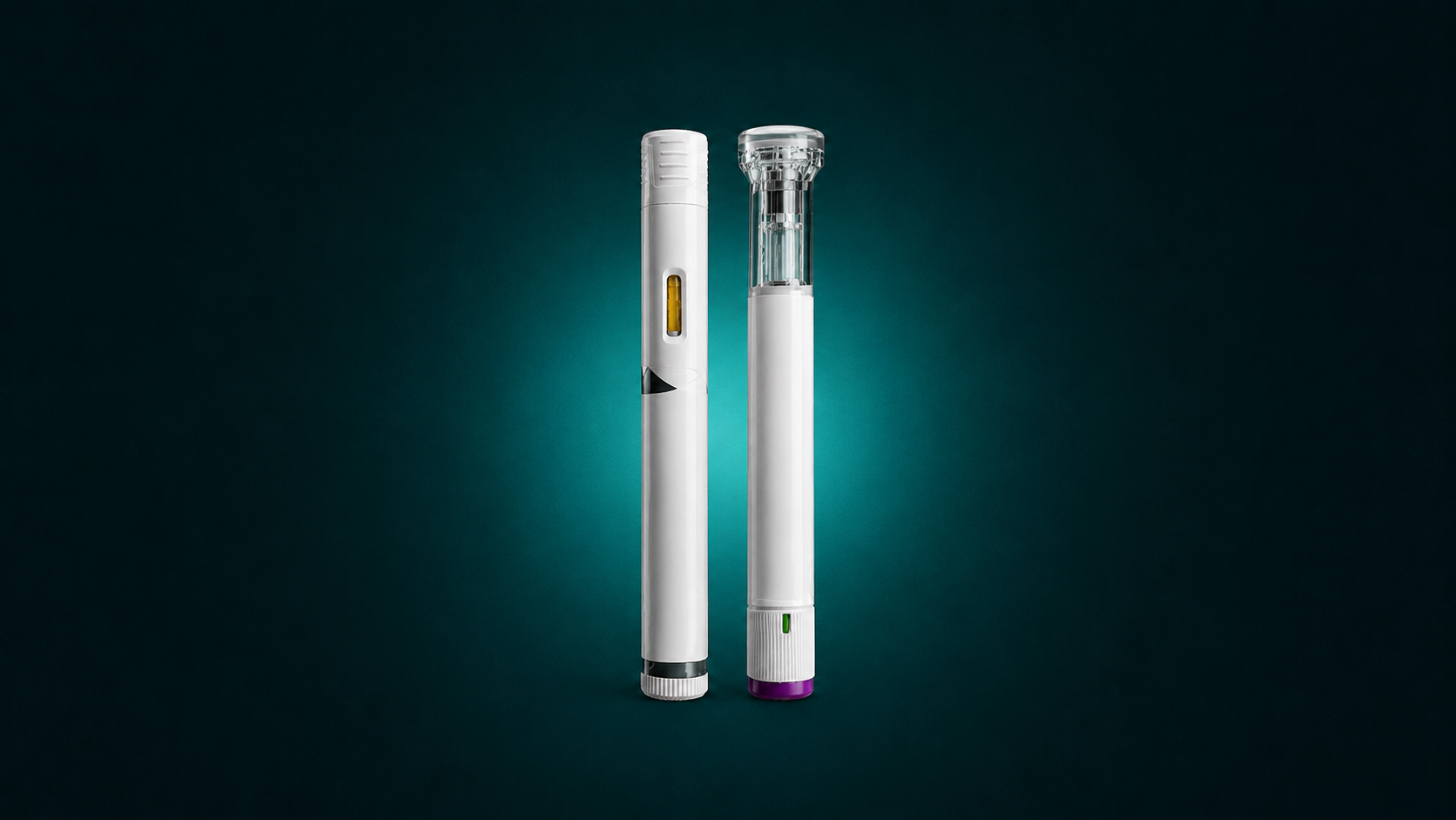Two inhalers standing upright against a dark gradient background.