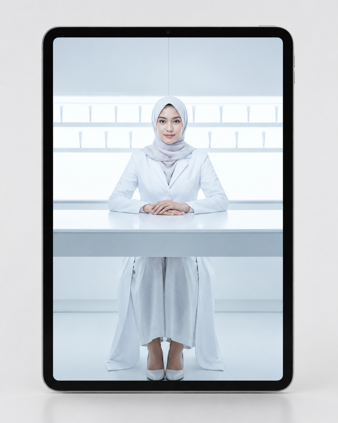 Woman wearing a hijab and white lab coat seated at a desk, displayed on a tablet screen