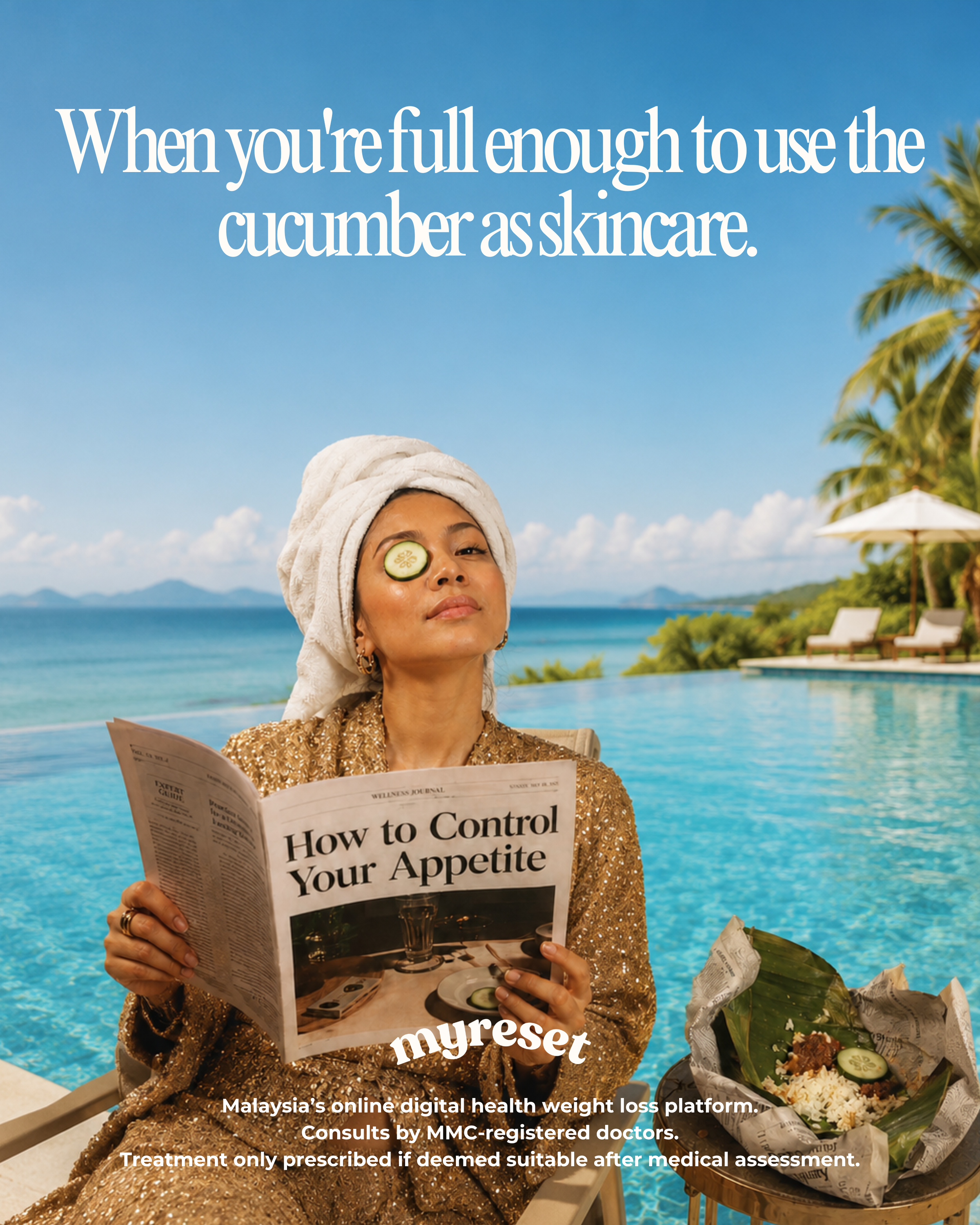 A woman with a towel wrapped around her head and cucumber slices on her eyes reading a newspaper by a poolside. There are some flowers and newspapers on the table next to her, and a background of a swimming pool, palm trees, and a blue sky.