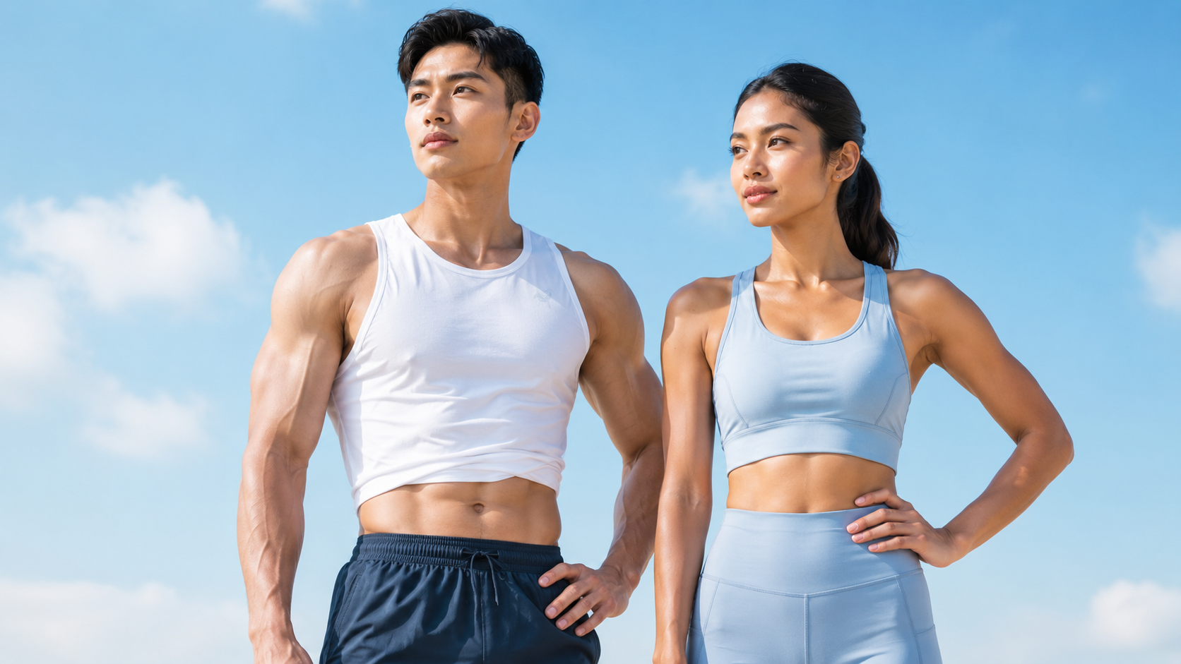 Two fit young adults, a man and a woman, standing outdoors against a blue sky, wearing athletic workout clothes and looking confident.