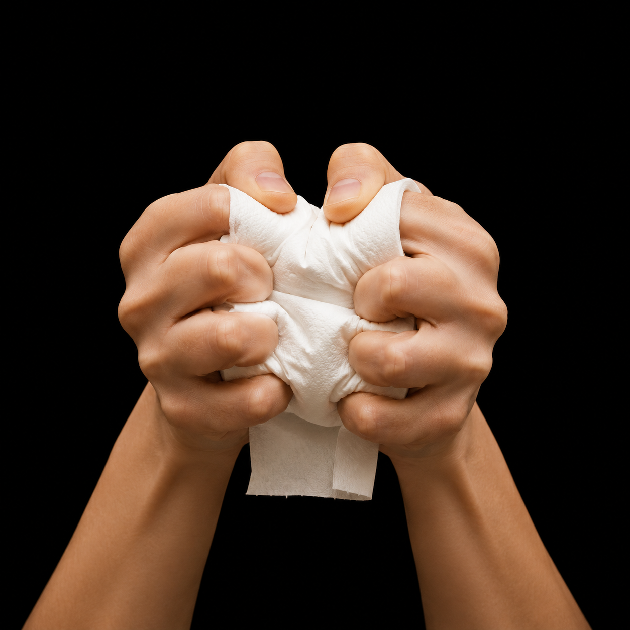 Hands gripping a clenched white tissue or cloth against a black background.