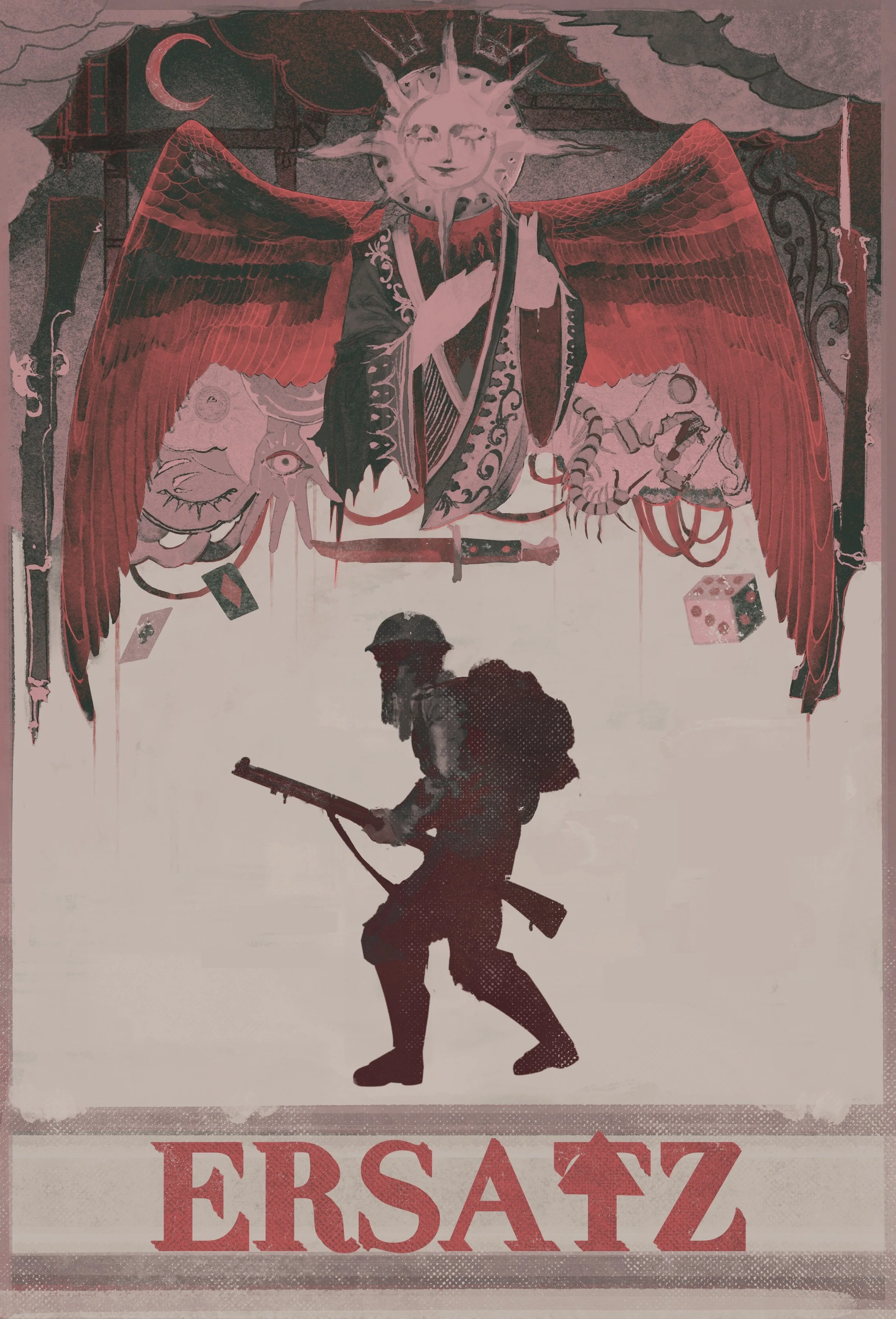 A silhouette of a soldier holding a rifle in front of a large, stylized poster. The poster features a fantasy creature with large red wings, a sun with a face, a smiling sun with rays, a crescent moon, and surreal elements including eyes, a skull, playing cards, and dice. The word Imperial is partially visible at the bottom.