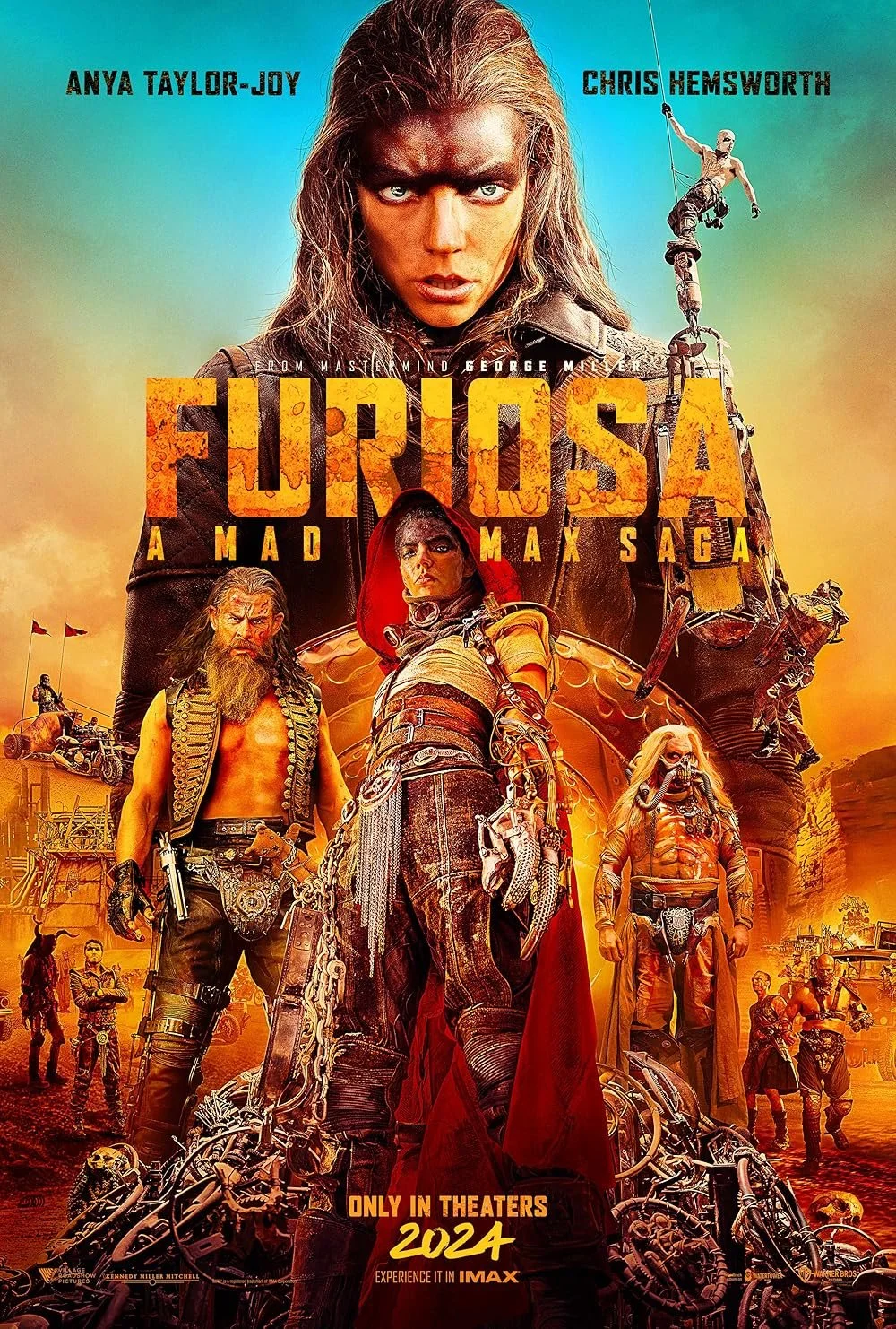 A poster for the movie "Furious" featuring a post-apocalyptic scene with characters wearing rugged, survivalists gear, and a large mechanical structure in the background. The poster has a fiery orange and yellow color scheme.