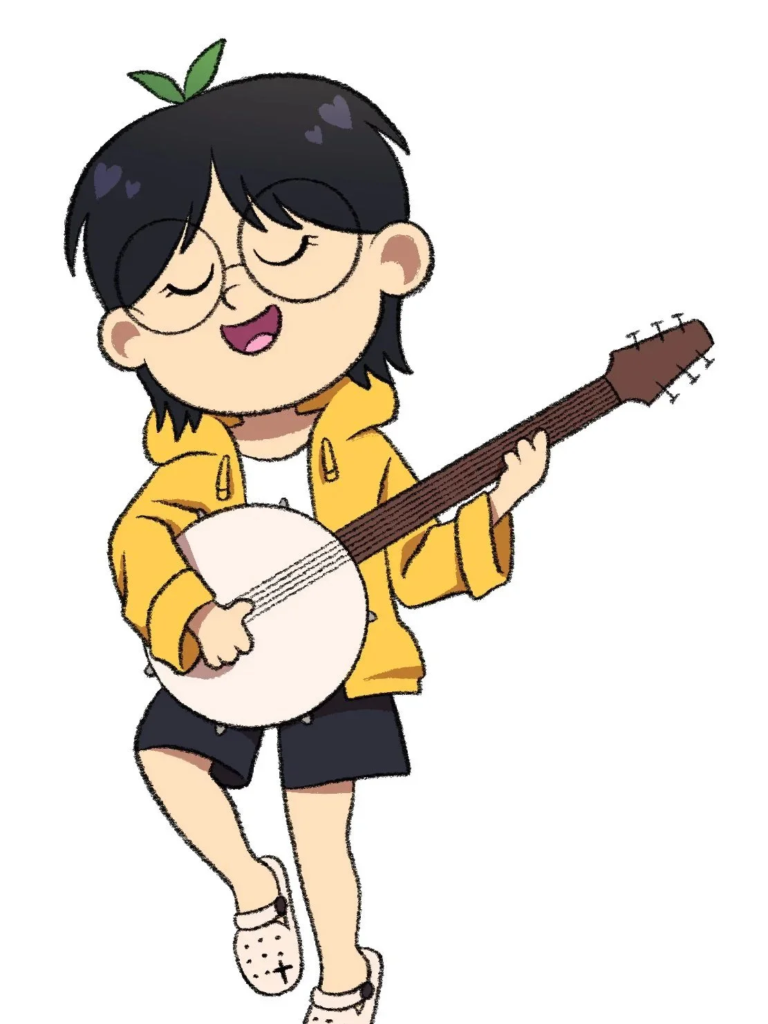 Cartoon of a happy boy with black hair, wearing glasses, a yellow hoodie, black shorts, and white shoes, playing a guitar.