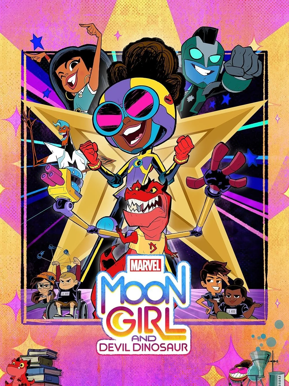 Colorful poster of Disney's 'Moon Girl and Devil Dinosaur' with animated characters, including a girl with large glasses, a red dinosaur, and other diverse characters set against a starry background.
