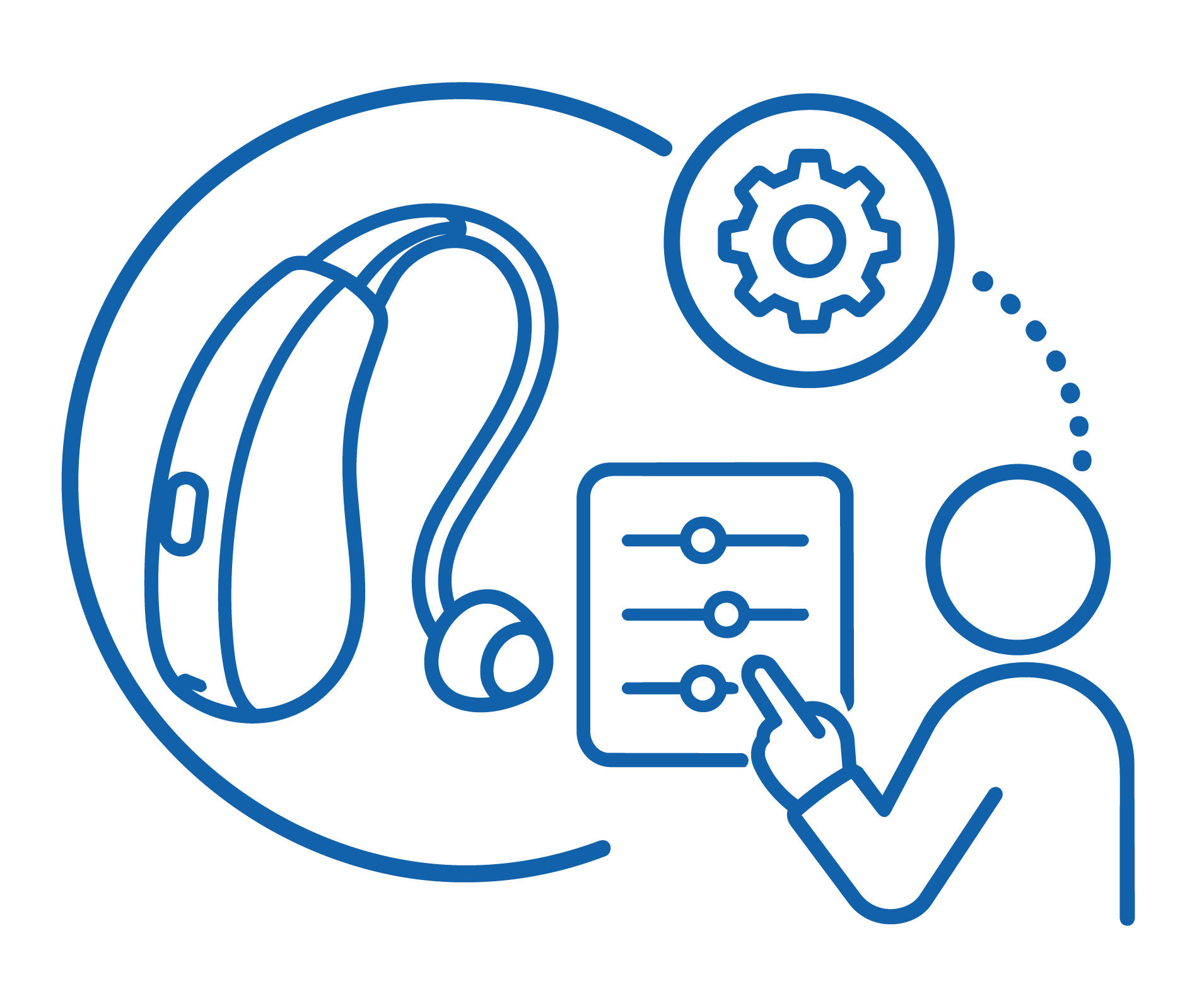 A digital illustration of a hand holding a tablet with various icons, surrounded by a circular diagram with additional icons representing settings and data analysis.