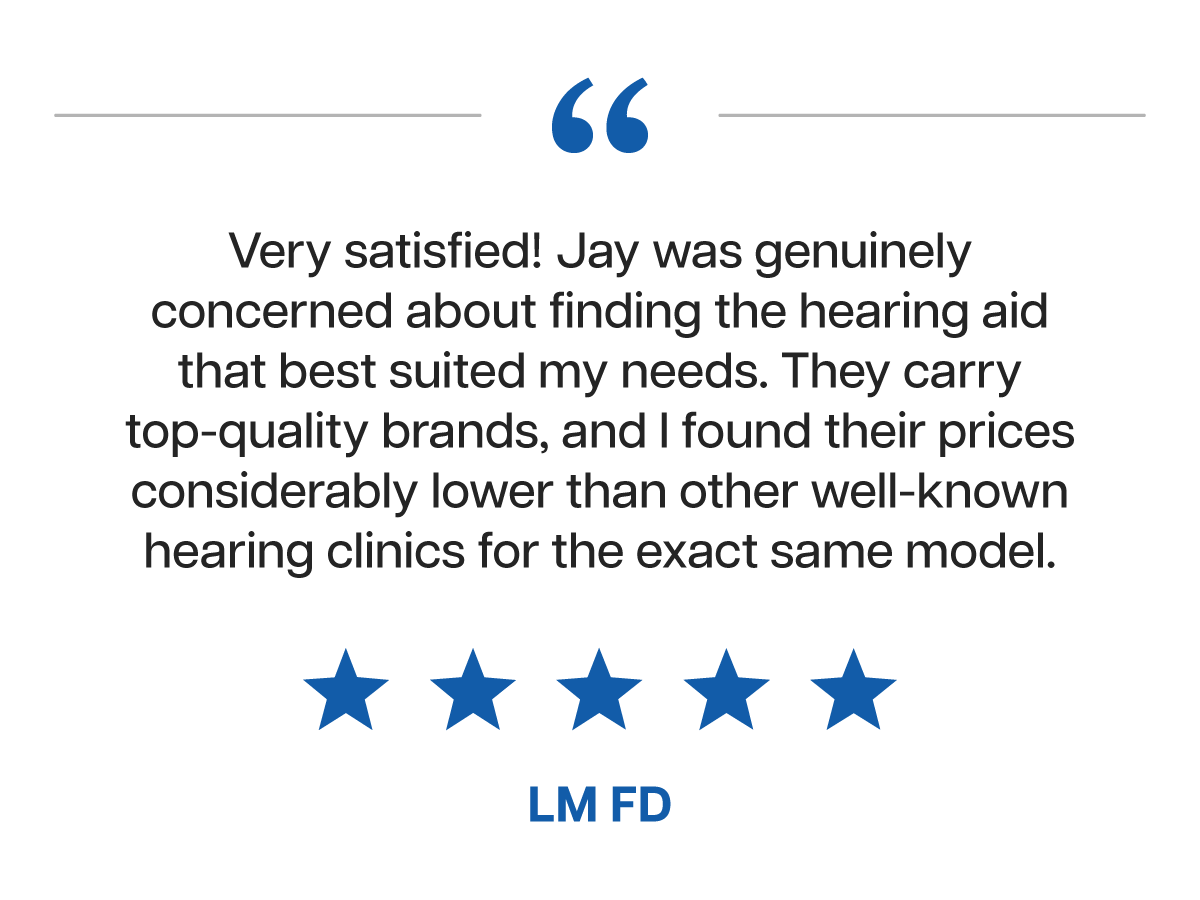 A review quote with five blue stars, praising Jay for genuine concern, top-brand hearing aids, and lower prices at LM FD.