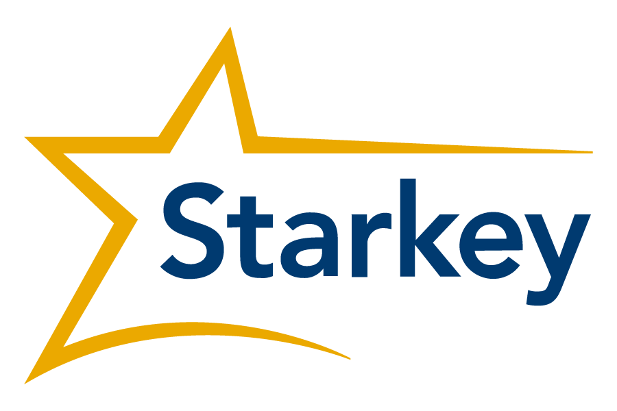 A stylized yellow star with the word 'Starkey' written in blue across the center.