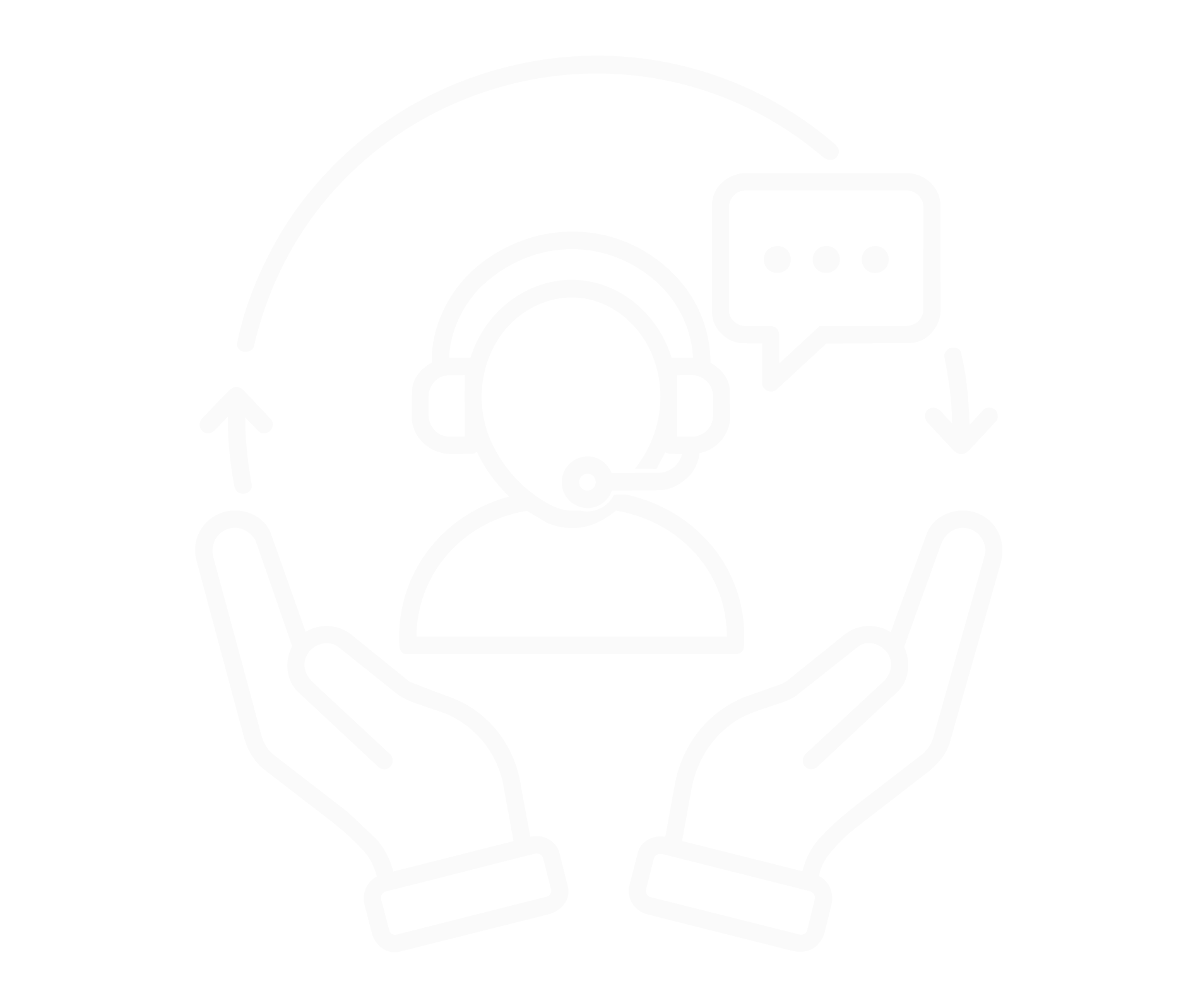 Outline of a person wearing a headset, with a speech bubble, surrounded by a pair of hands, and an upward arrow.
