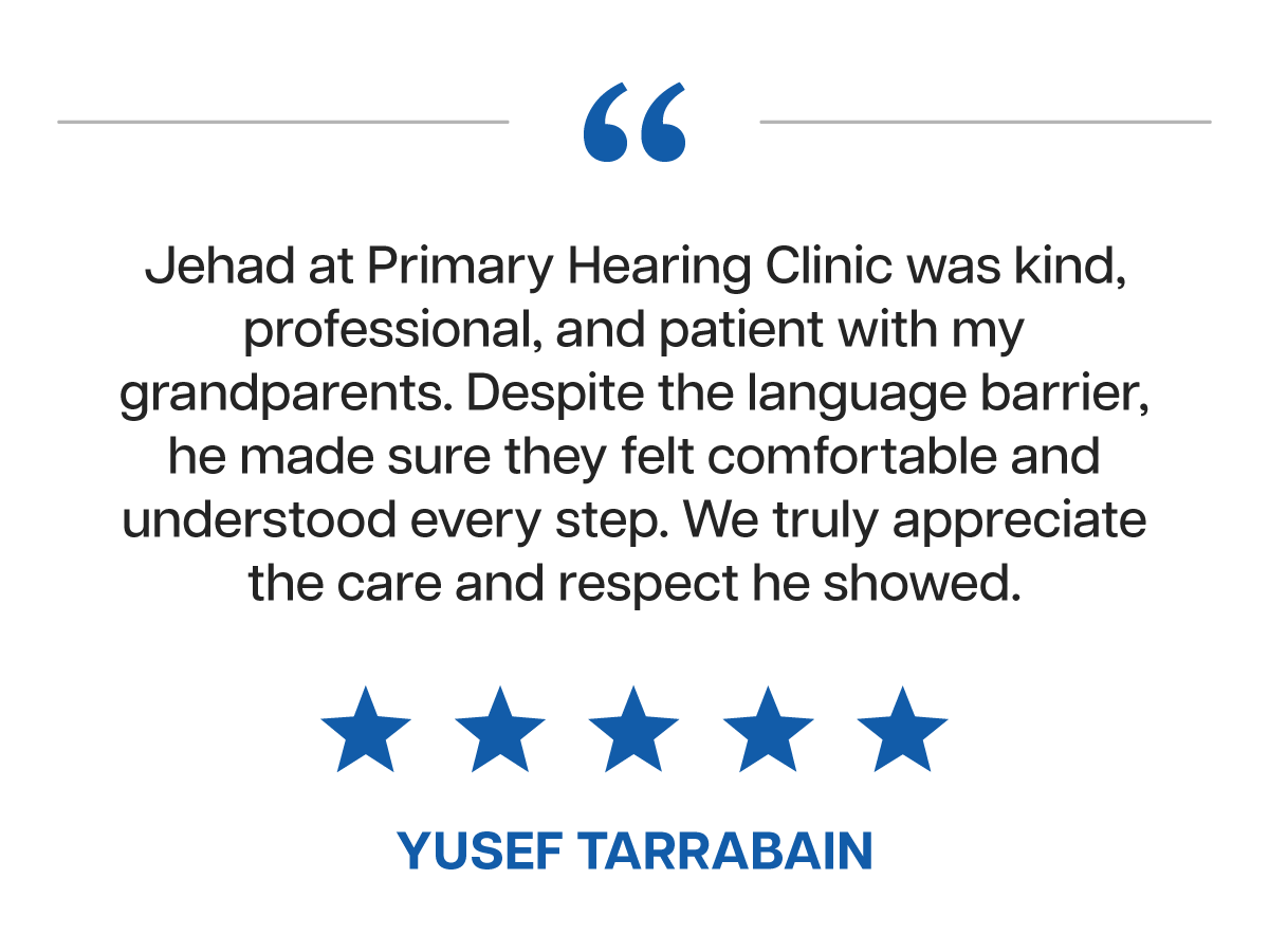 Testimonial quote praising Jehadi at Primary Hearing Clinic, five blue stars, and the name Yusef Tarrabin in blue text.
