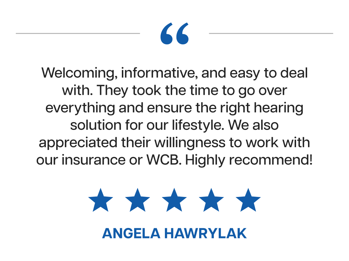 Customer testimonial with five-star rating for Angela Hawrylak, praising her for being welcoming, informative, and helpful with insurance and WCB, highly recommending her.