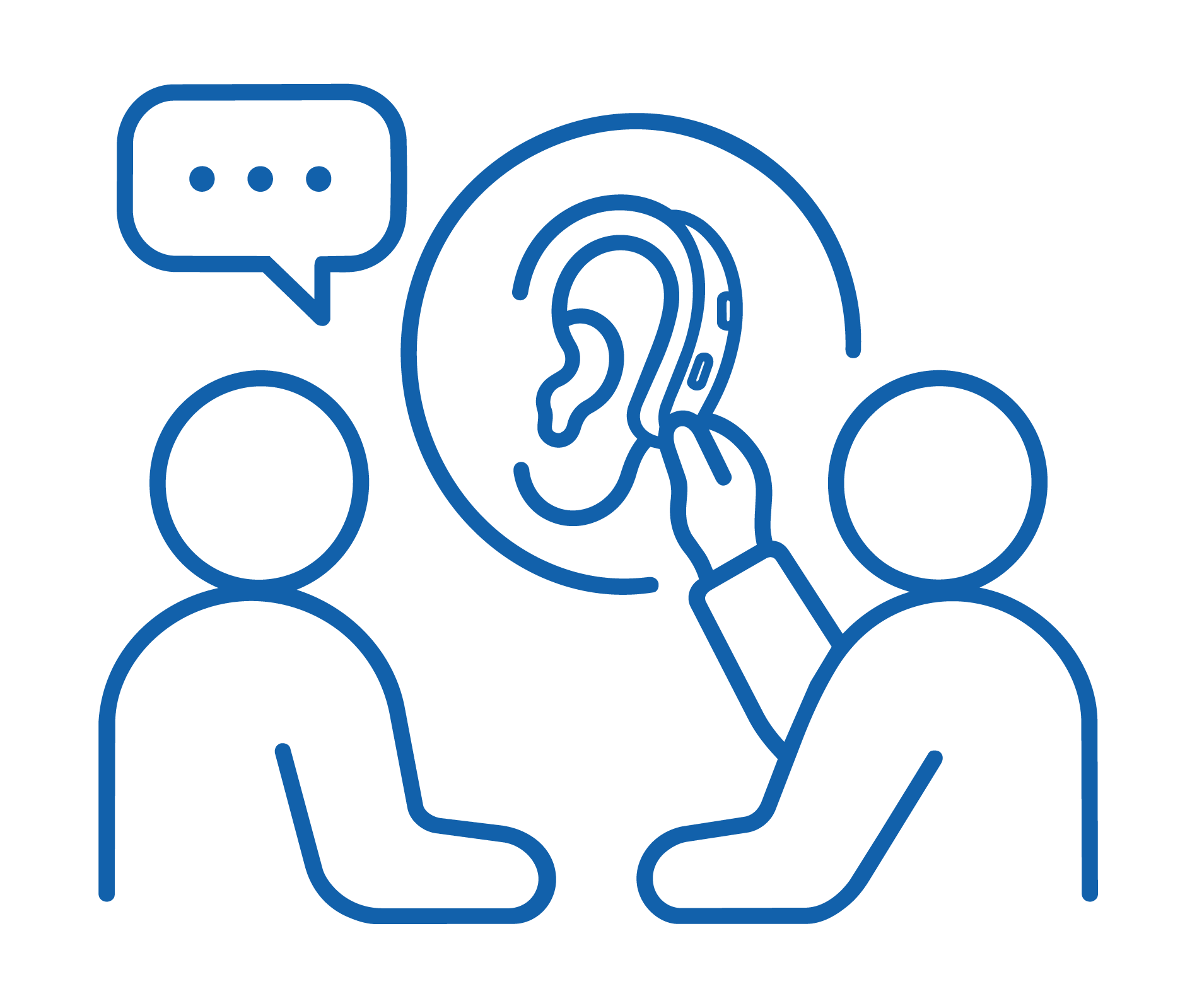 Outline of a person with a speech bubble, headphones, and multiple people, symbolizing communication or customer support.