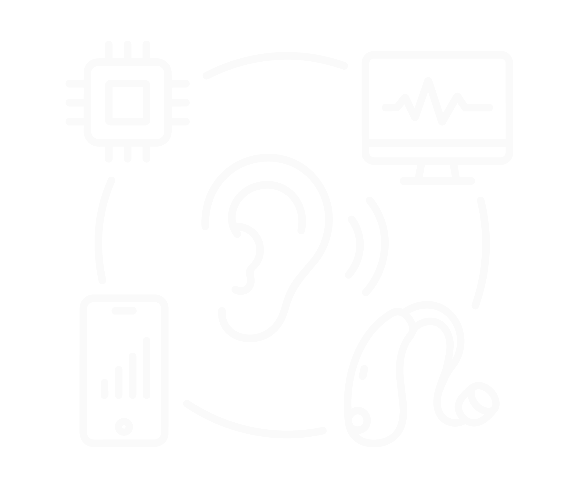 Illustration of artificial intelligence technology, including a microchip, a computer monitor displaying a heartbeat line, an ear, a smartphone, and a question mark, all connected with lines.