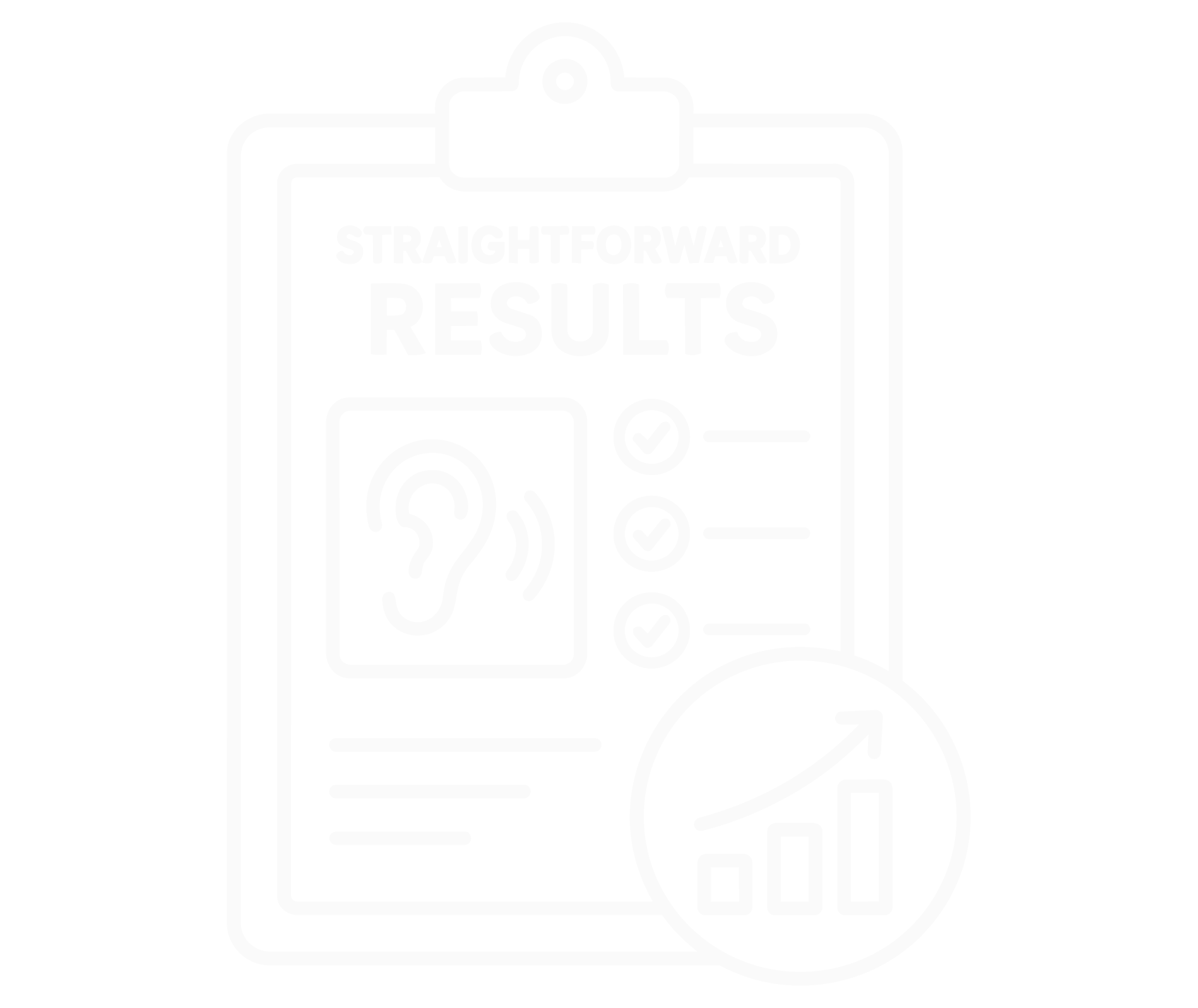 Line drawing of a mobile phone displaying 'Straightforward Results' on the screen, with a checklist, a pie chart, and a dollar sign icon, and an arrow going upward in a circle.