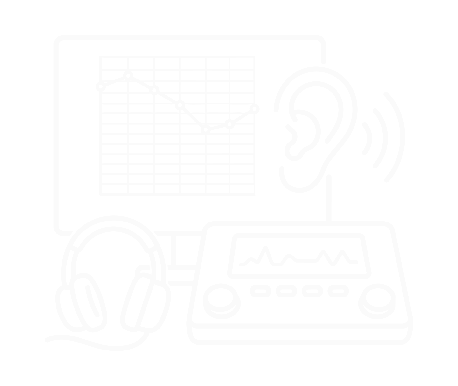 Line graph on a screen, headphones, a hand in a glove, a medical monitor with a line graph, and an ear with lines indicating hearing.