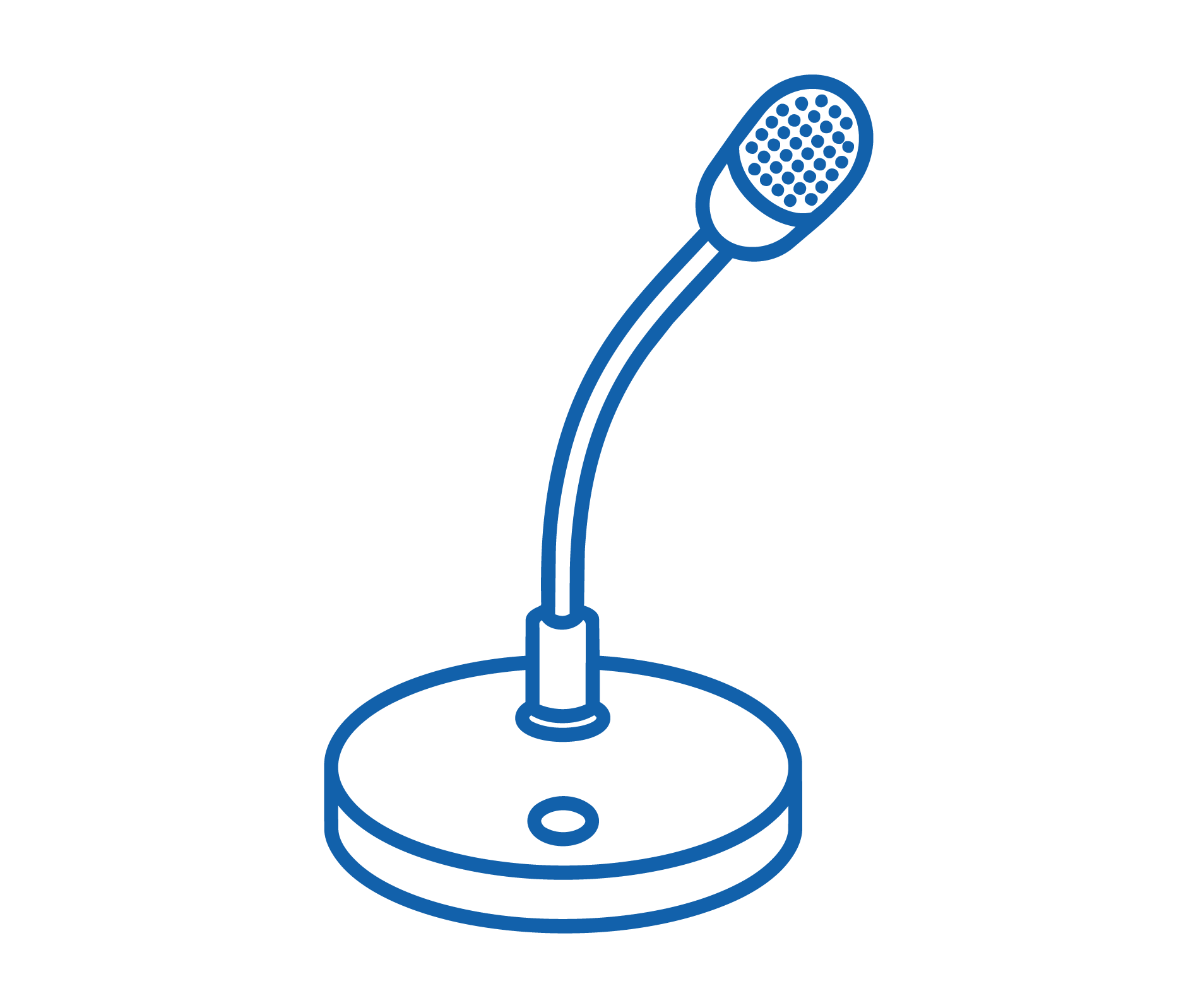 Line drawing of a microphone on a stand. The microphone is positioned above a circular base.