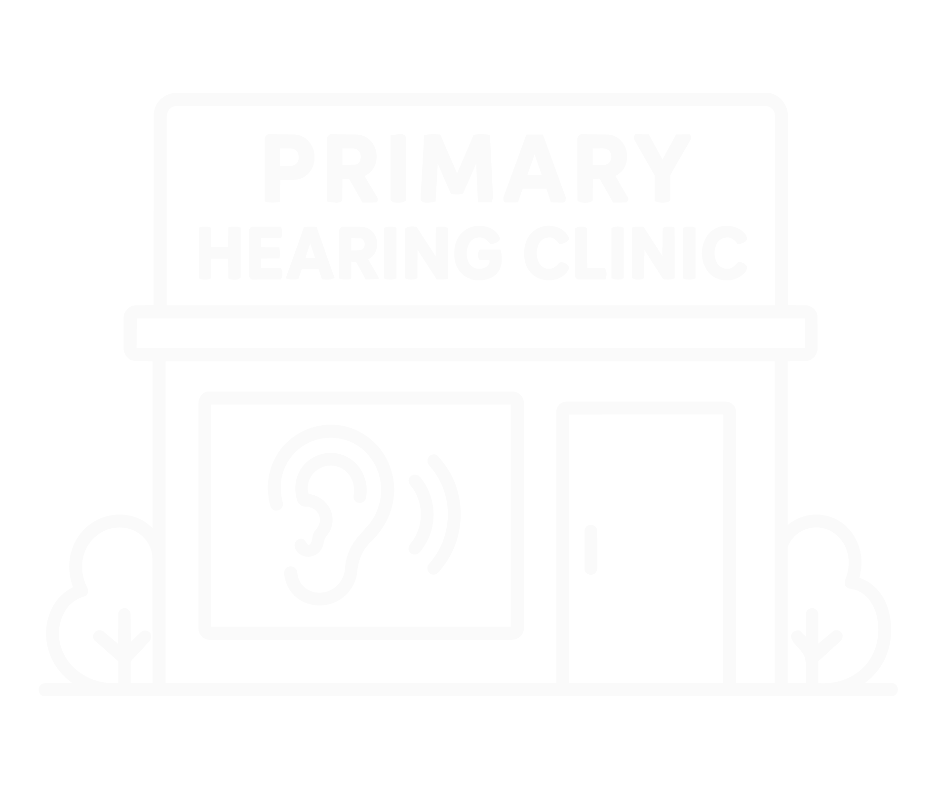 Icon indicating a primary hearing clinic with a building, a phone symbol, and directional arrows.