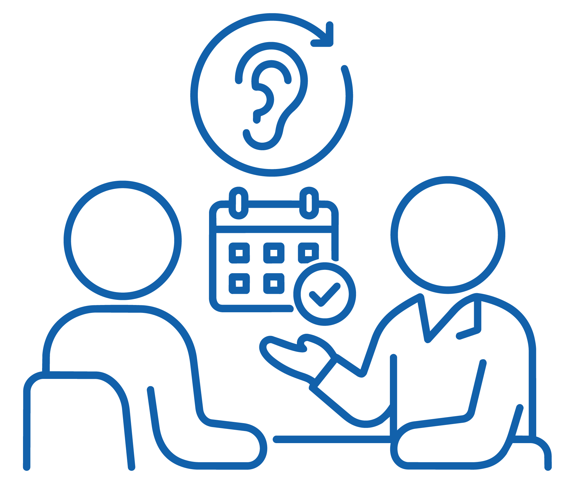 Illustration of multiple people in a meeting, with one person using a calendar and a medical checklist, and a large ear with a question mark.