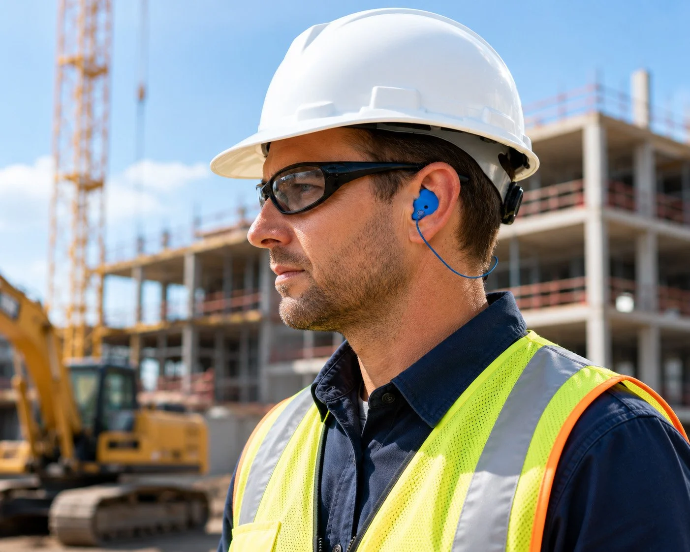 Construction worker wearing a white hard hat, safety glasses, and ear protection in front of a building under construction