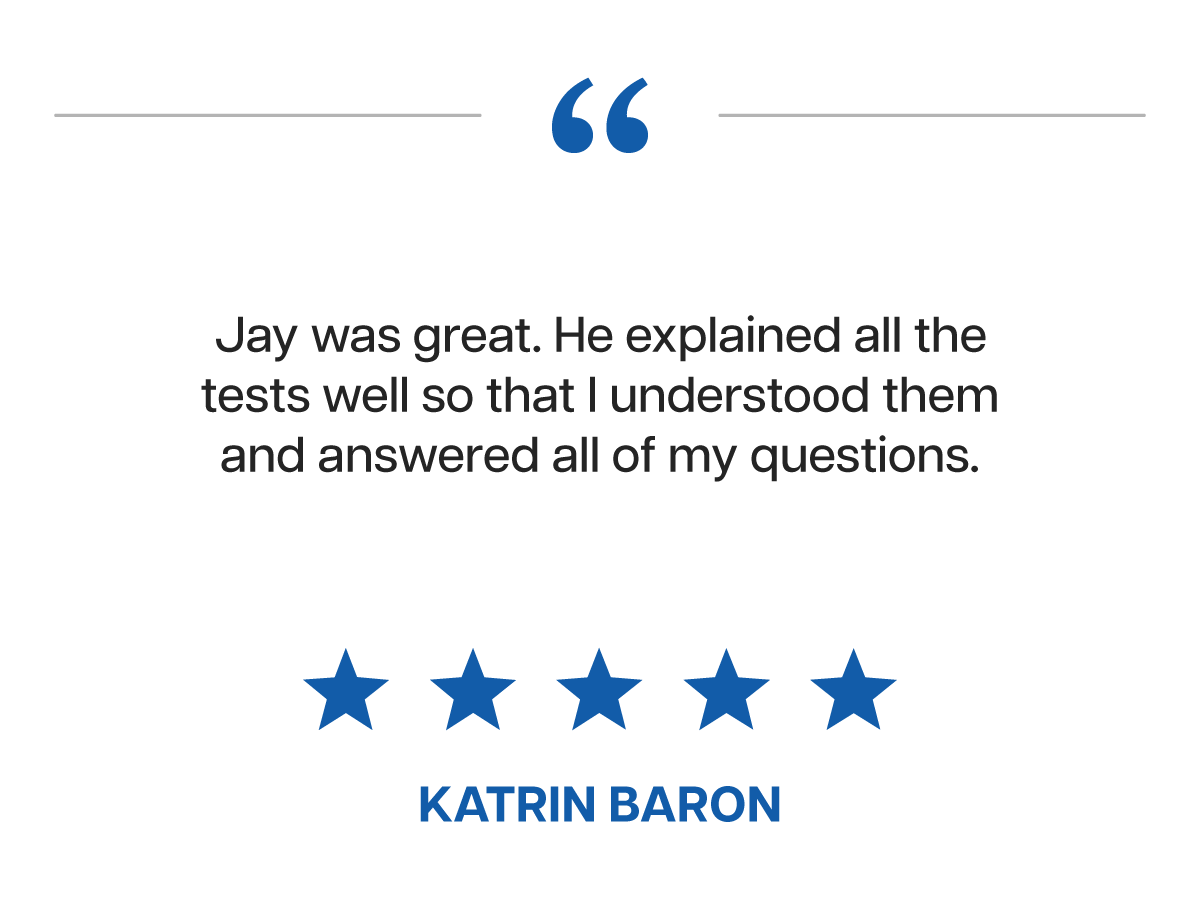Testimonial quote with five blue stars and the name Katrin Baron.
