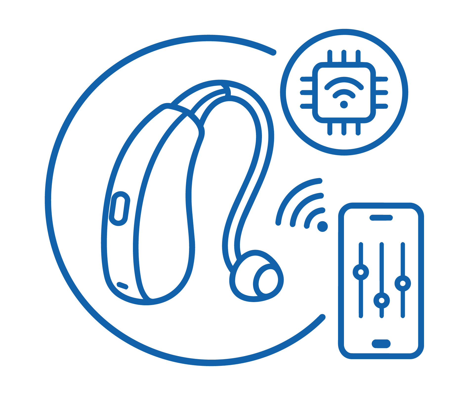Line drawing of a smartwatch, pills, a Wi-Fi signal, a mobile phone, and a microchip connected by blue lines, representing health monitoring and technology integration.