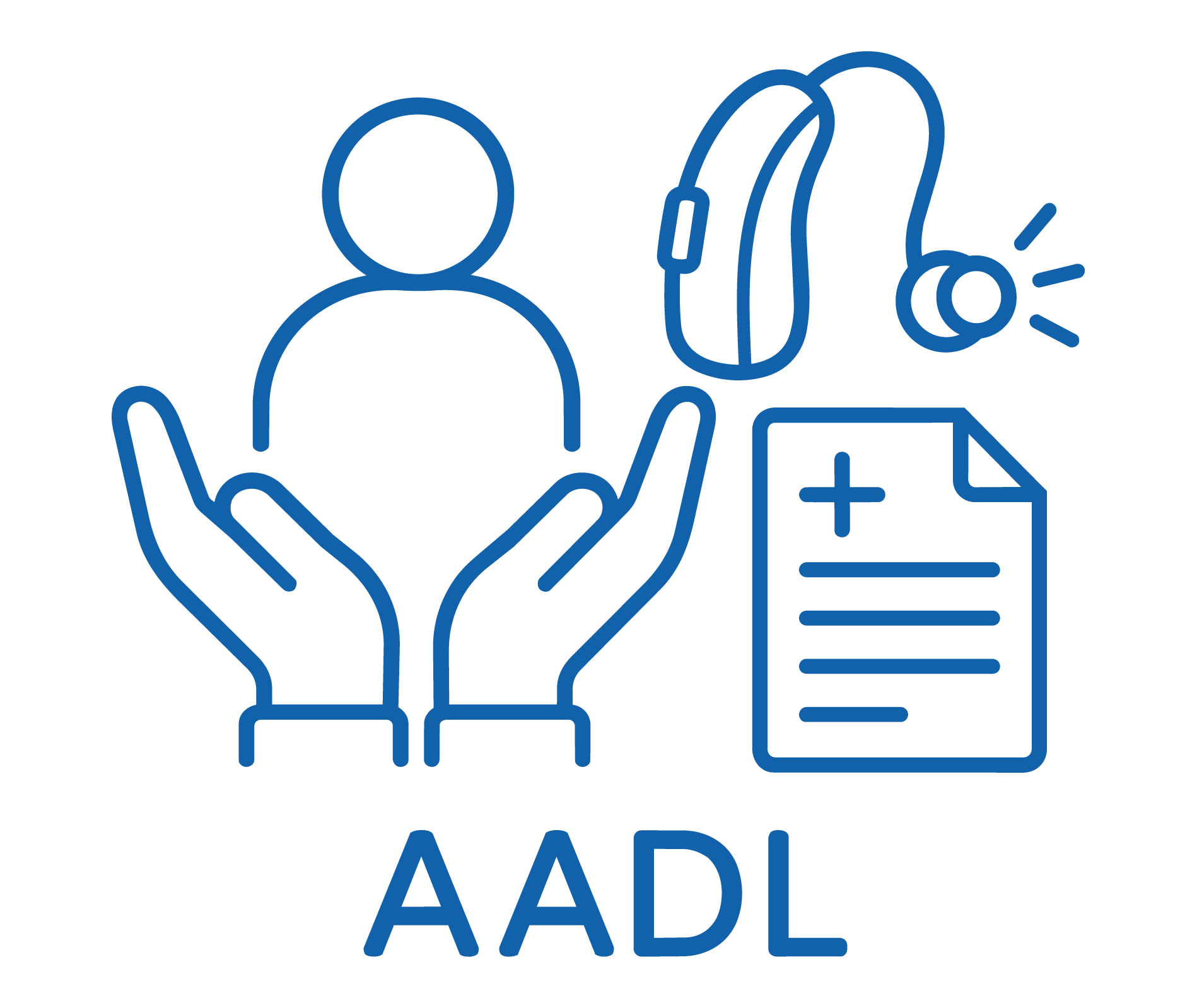 Line drawing of a person with a bag, a ringing phone, a first aid kit, and large text reading "AIDE."