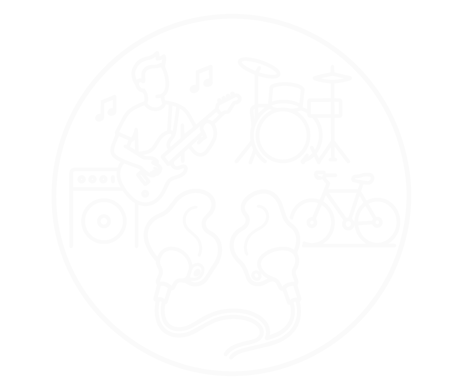 Outline illustration of a skull with musical and activity-themed objects inside, such as a guitar, drums, bicycle, and connecting pipes.