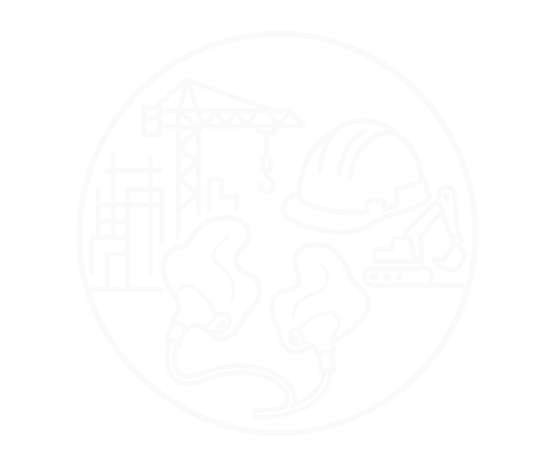 Line drawing of a human head showing internal construction including a construction crane, a hard hat, and construction equipment.