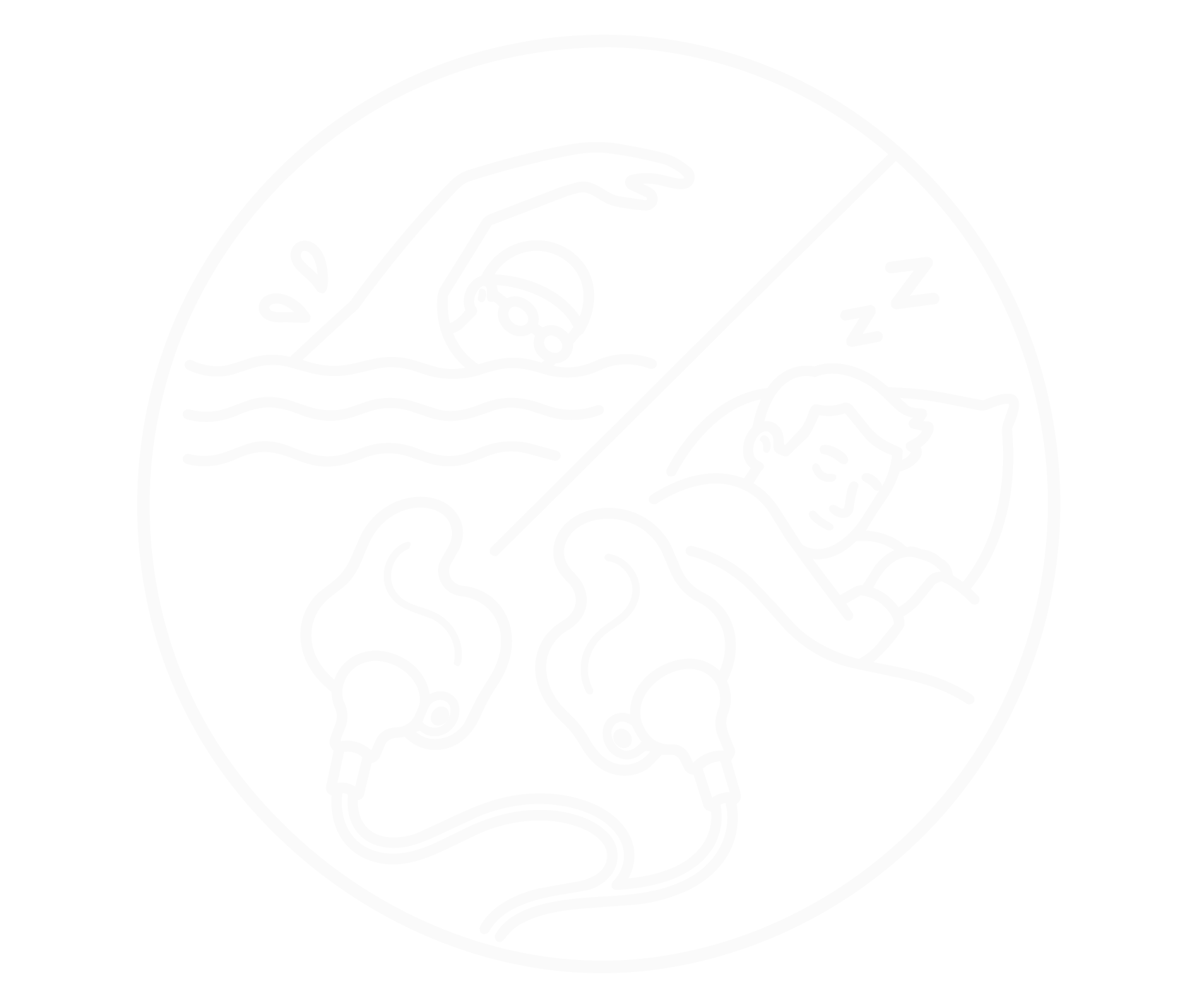 Minimalist line drawing of a person sleeping, and a person splashing water in a pool, separated by a diagonal line within a circle.