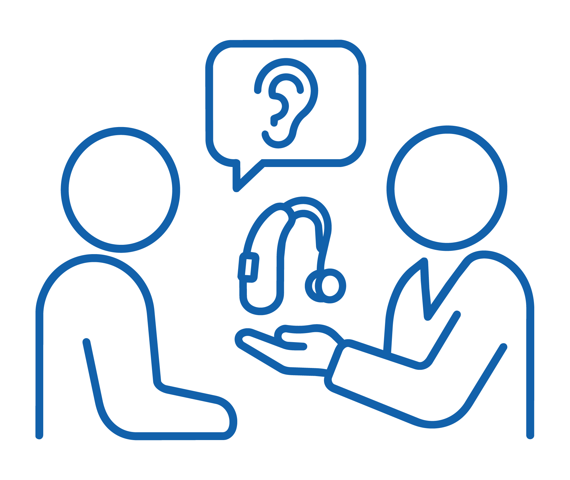 Line drawing of a healthcare professional consulting with a patient, with icons of a head with a question mark and a hand holding a smartphone, indicating communication and inquiry.