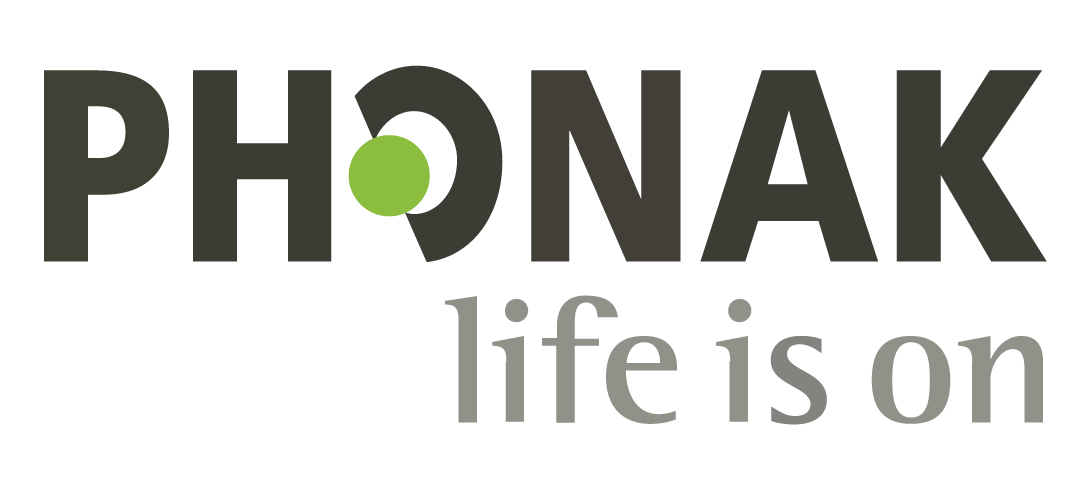 Logo with the word 'PHONAK' in large letters, with a green dot over the 'O', and the tagline 'life is on' written below in smaller gray letters.