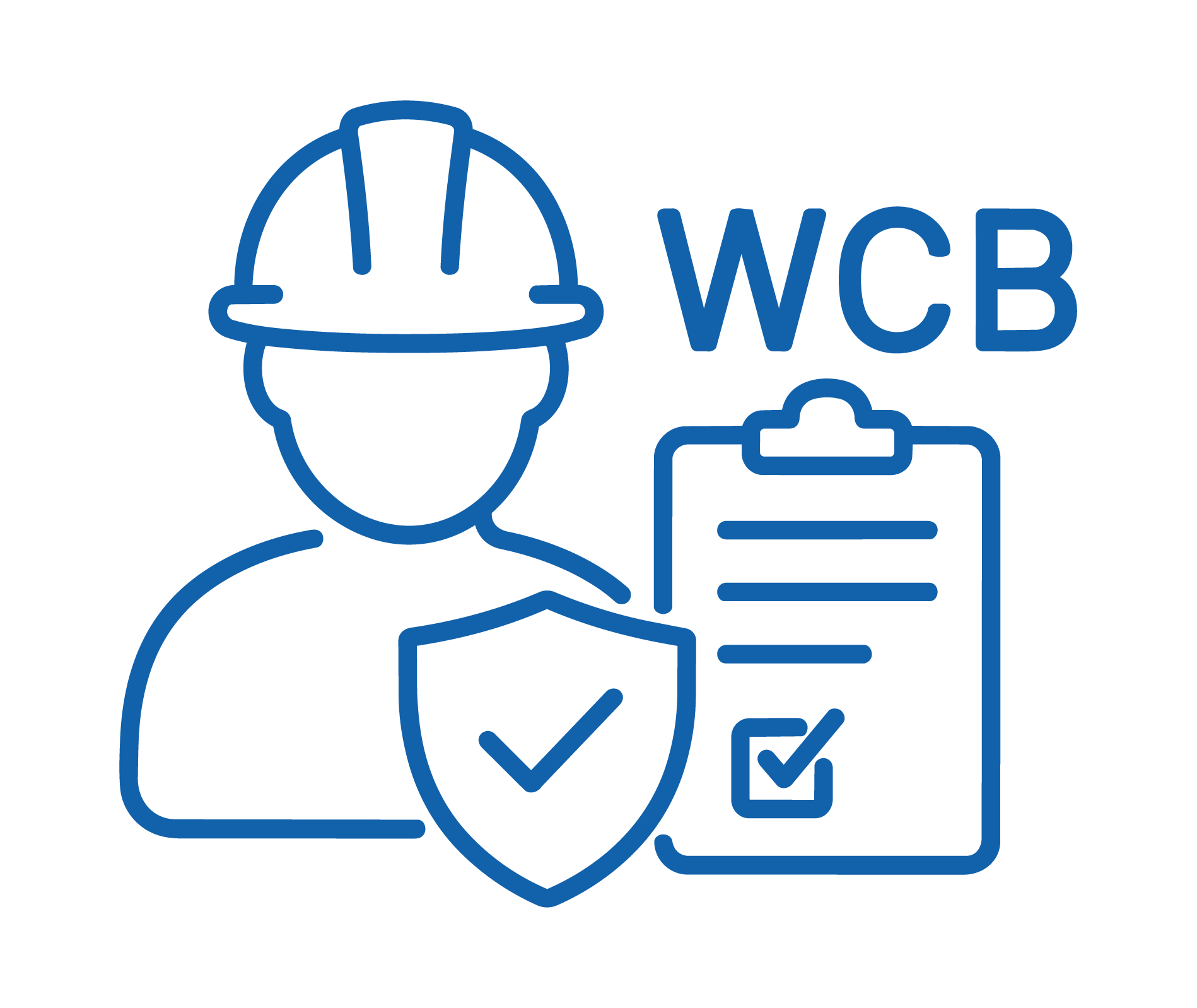 Outline drawing of a person wearing a hard hat, with a clipboard, checklist, and a checkmark.