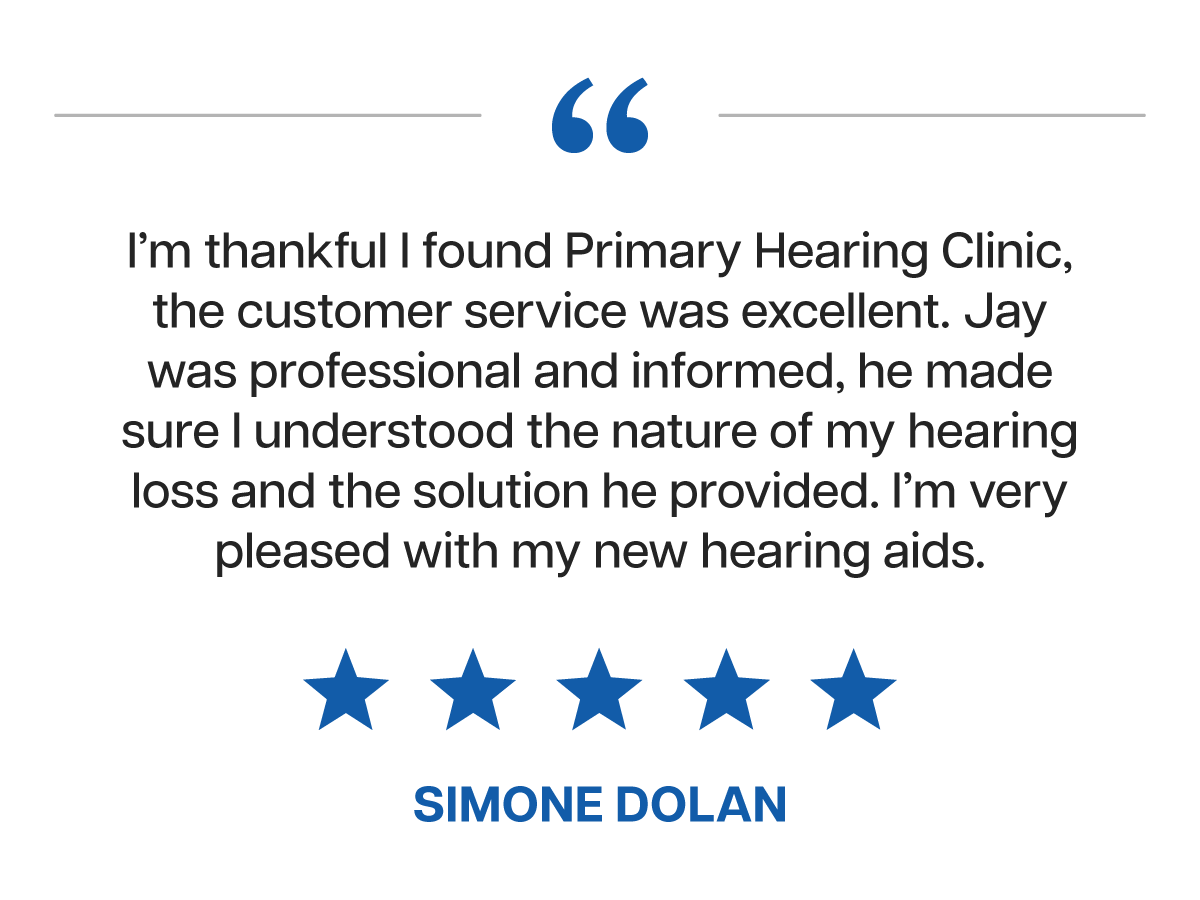 Customer review for Primary Hearing Clinic with five blue stars and the quote, 'I'm thankful I found Primary Hearing Clinic, the customer service was excellent. Jay was professional and informed, he made sure I understood the nature of my hearing los