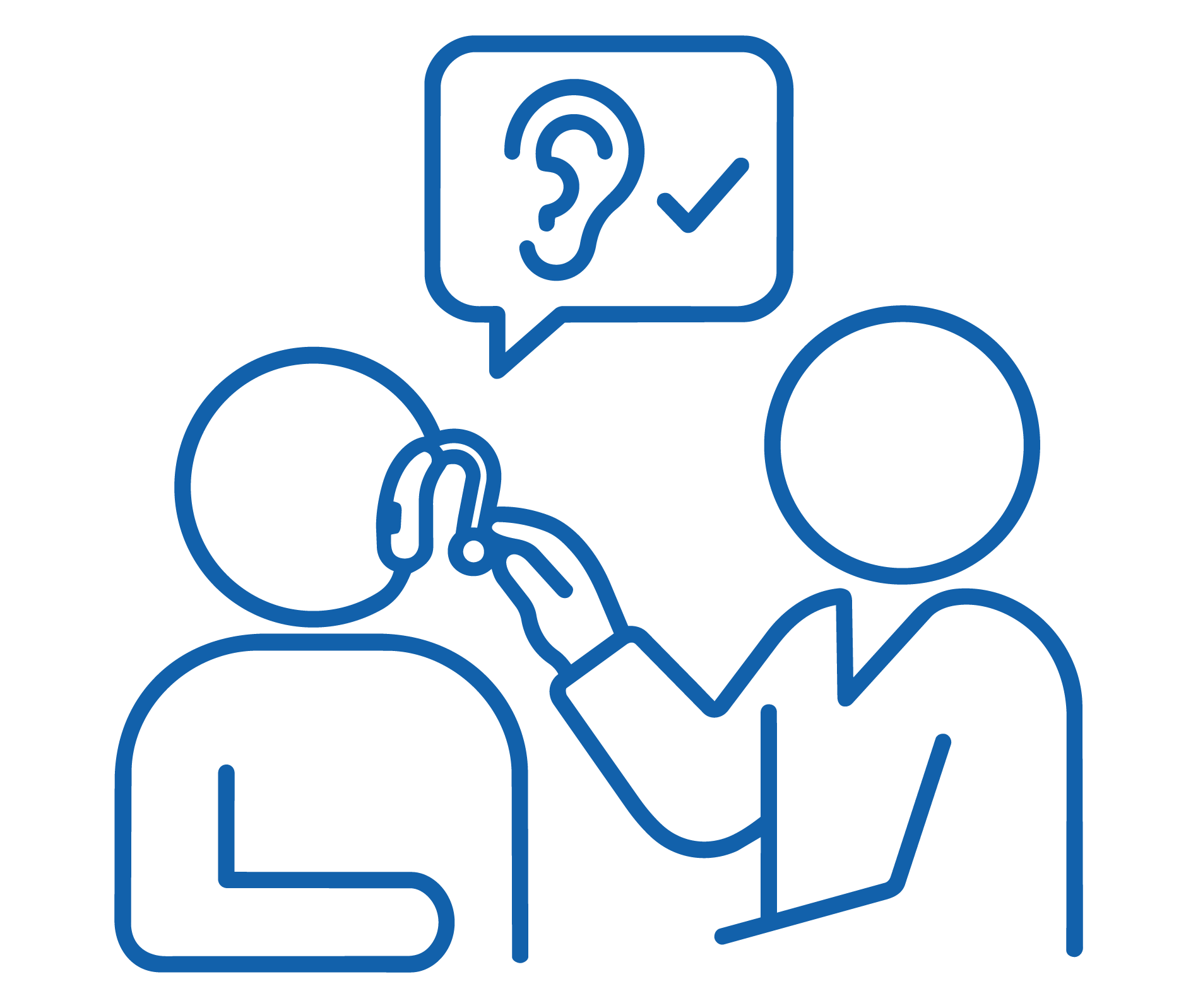 Line drawing of a person wearing a headset, holding a phone, with a speech bubble containing an ear with a check mark, indicating listening or hearing support.