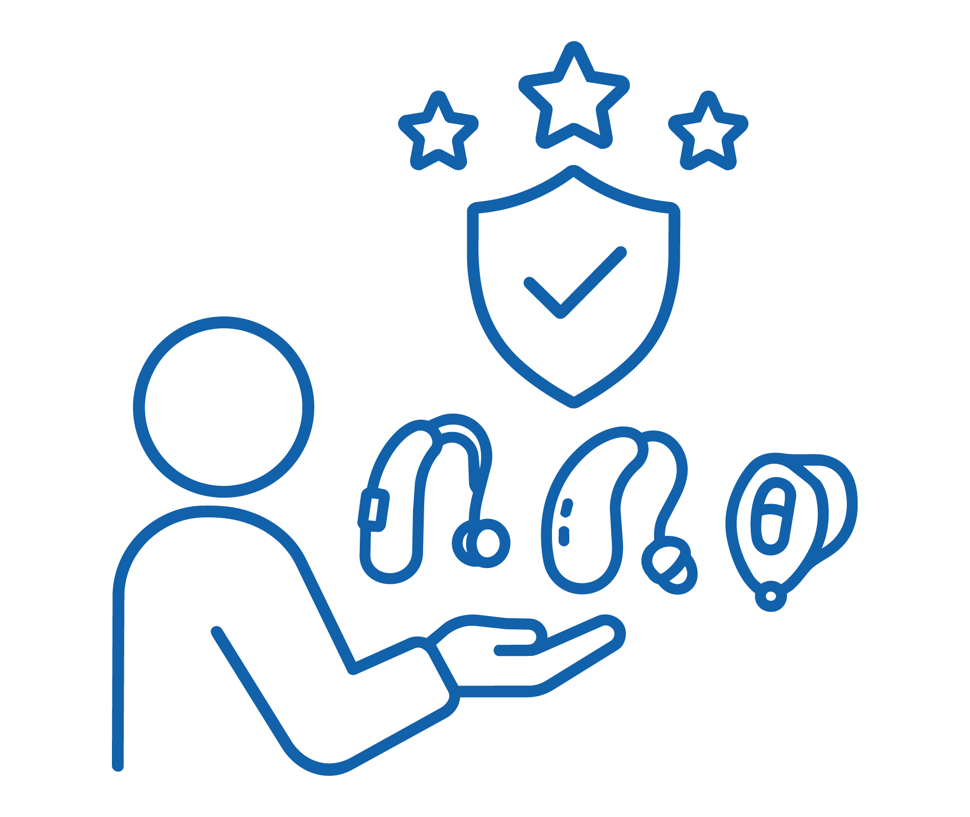 Line drawing of a person holding a shield with a checkmark, surrounded by stars, and various icons representing trust and security like a clock, a key, a padlock, and currency symbols.
